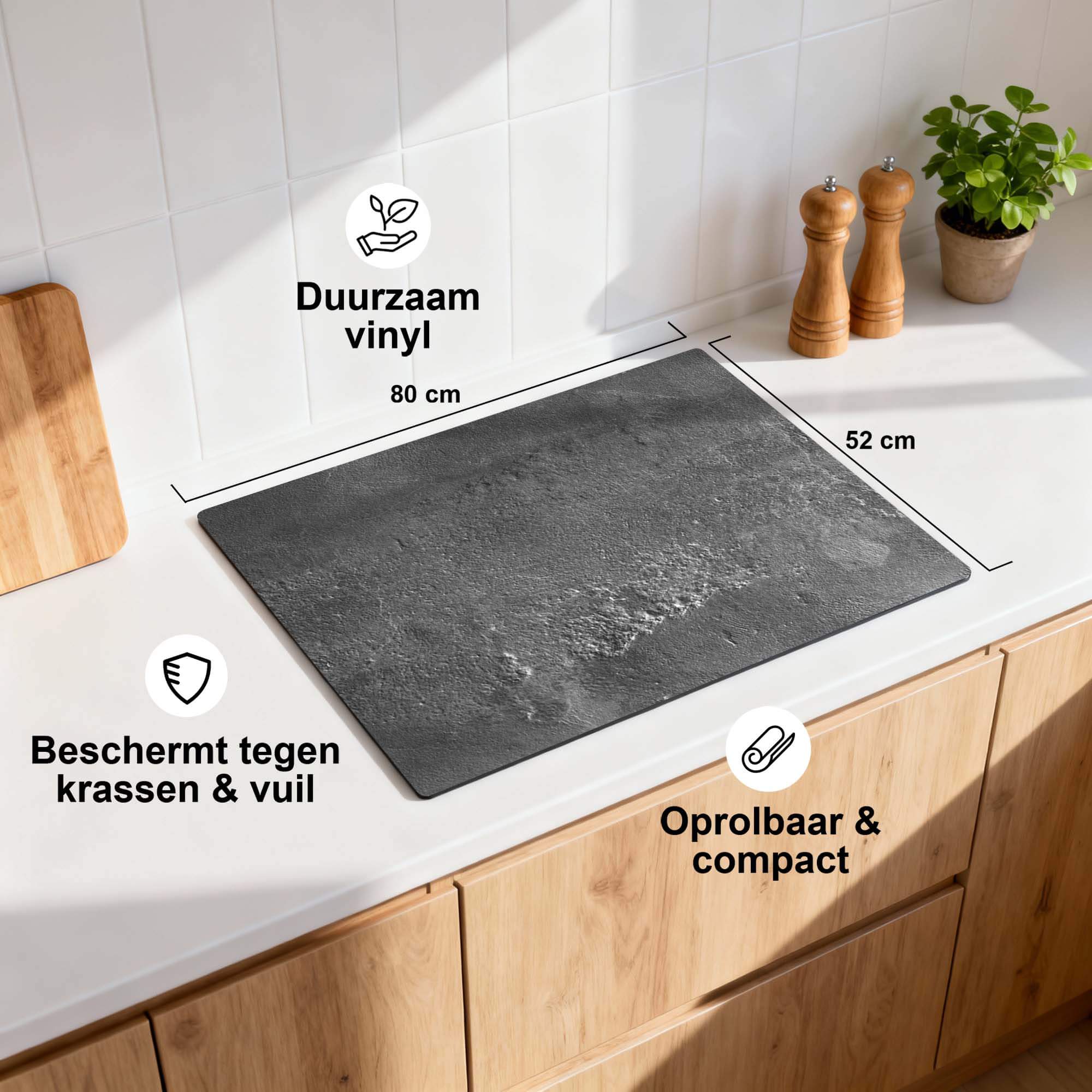 Urban Stone Elegance inductiebeschermer met afmetingen en functies zoals duurzaam vinyl en compact oprolbaar design