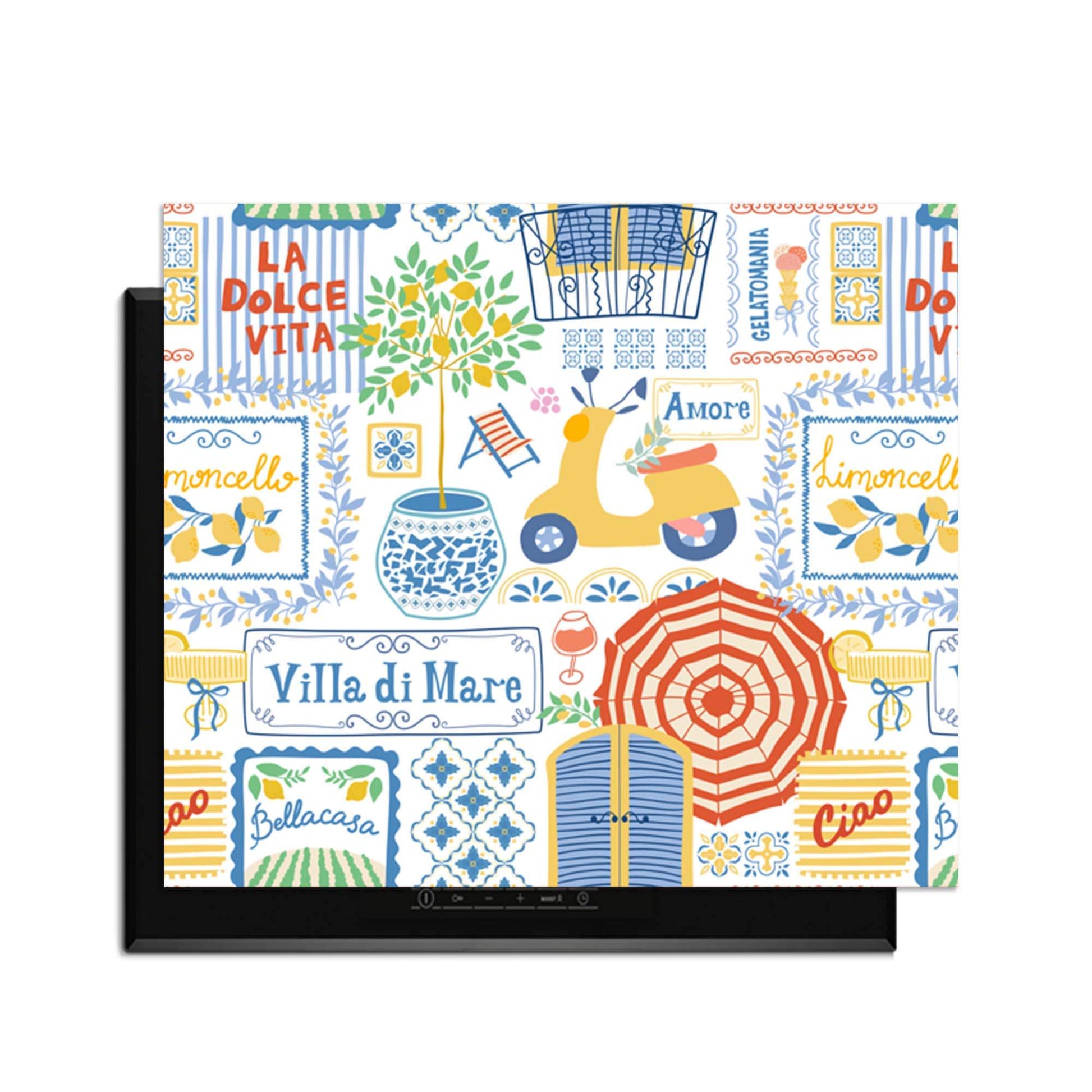 Villa Mare - Inductie Beschermer met mediterrane iconen, inspirerende collage die charme van Italiaanse kust naar je keuken brengt.