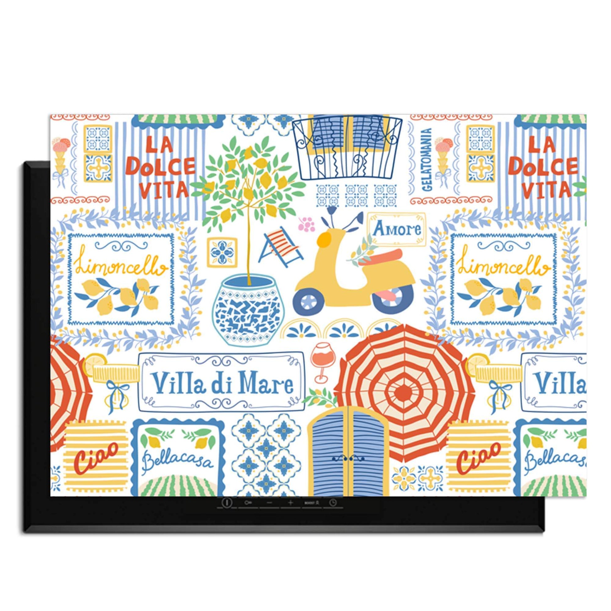 Villa Mare - Inductie Beschermer met mediterrane iconen, beschermt inductieplaat in zomerse stijl, charme van Italiaanse kust in keuken.