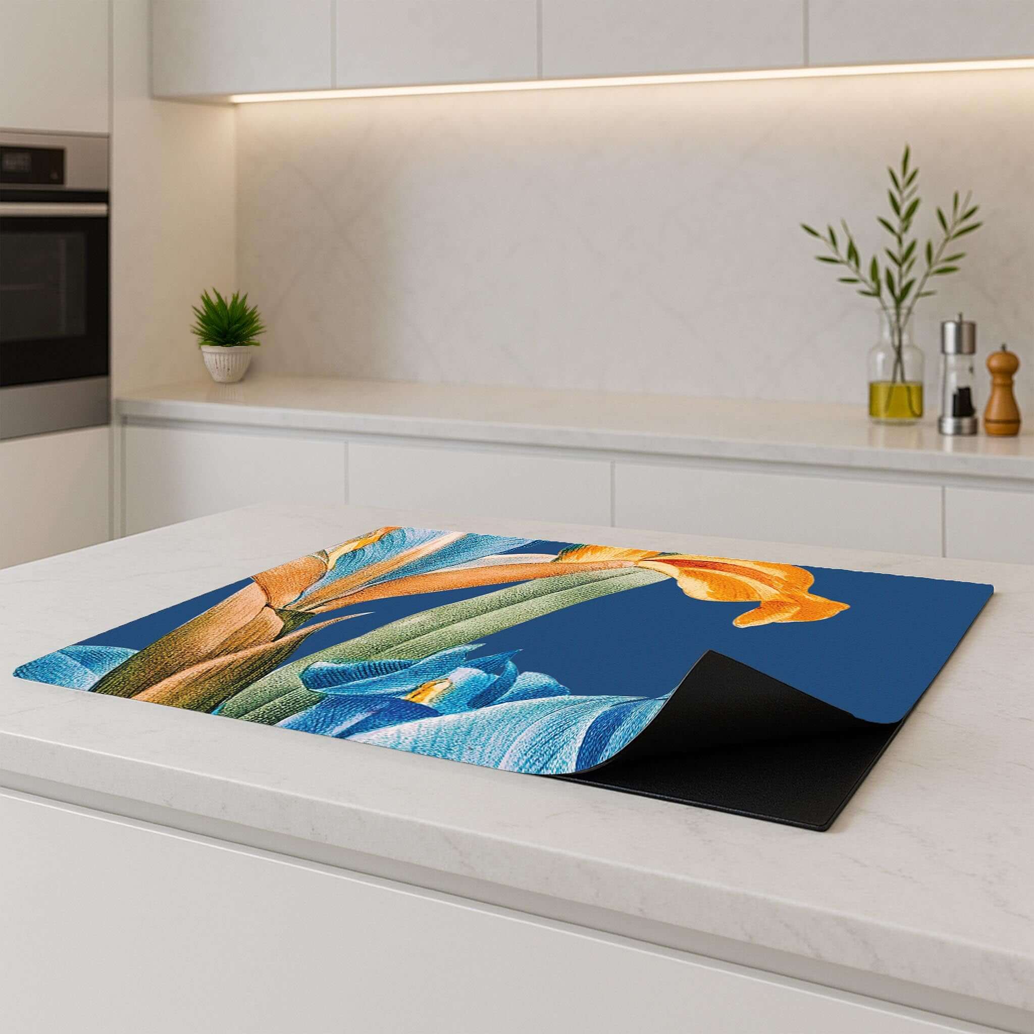 Keukeninductiebeschermer met kleurrijke iris bloemen, antislip en waterafstotend