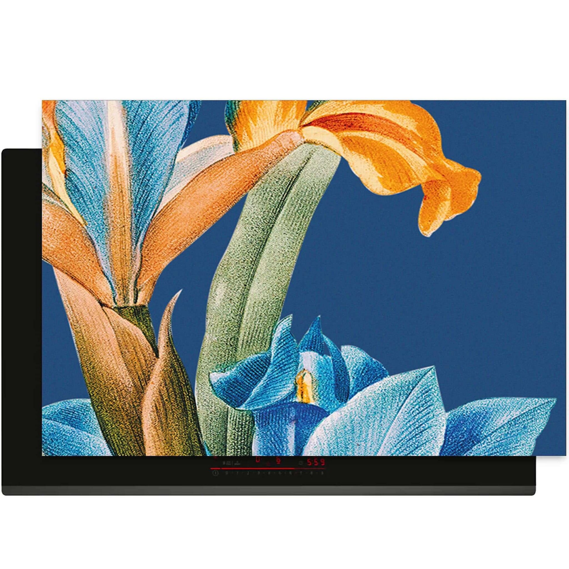 Vintage inductiebeschermer met iris bloemenprint, geplaatst op kookplaat