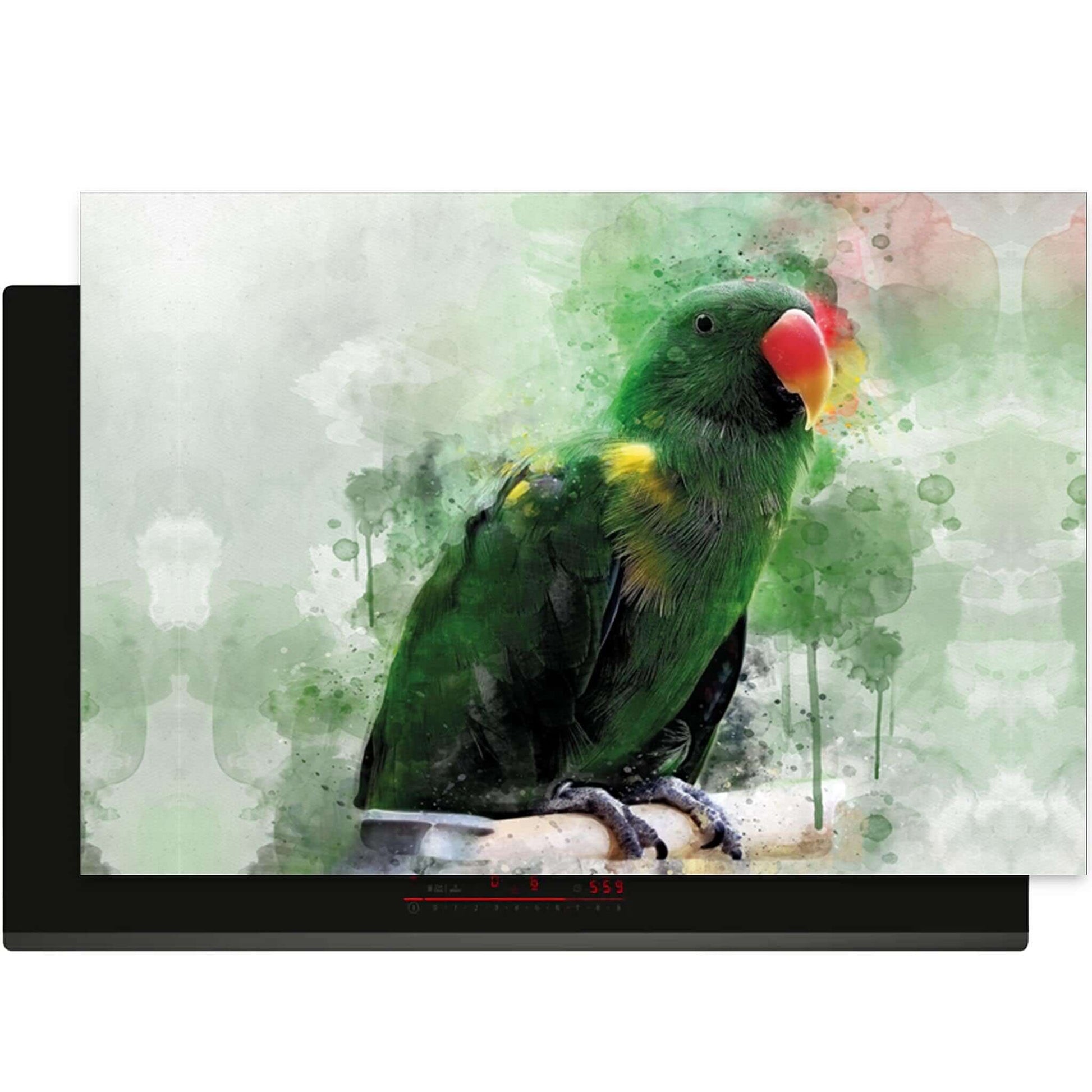 Inductie beschermer met papegaai en groene aquarel, bovenaanzicht