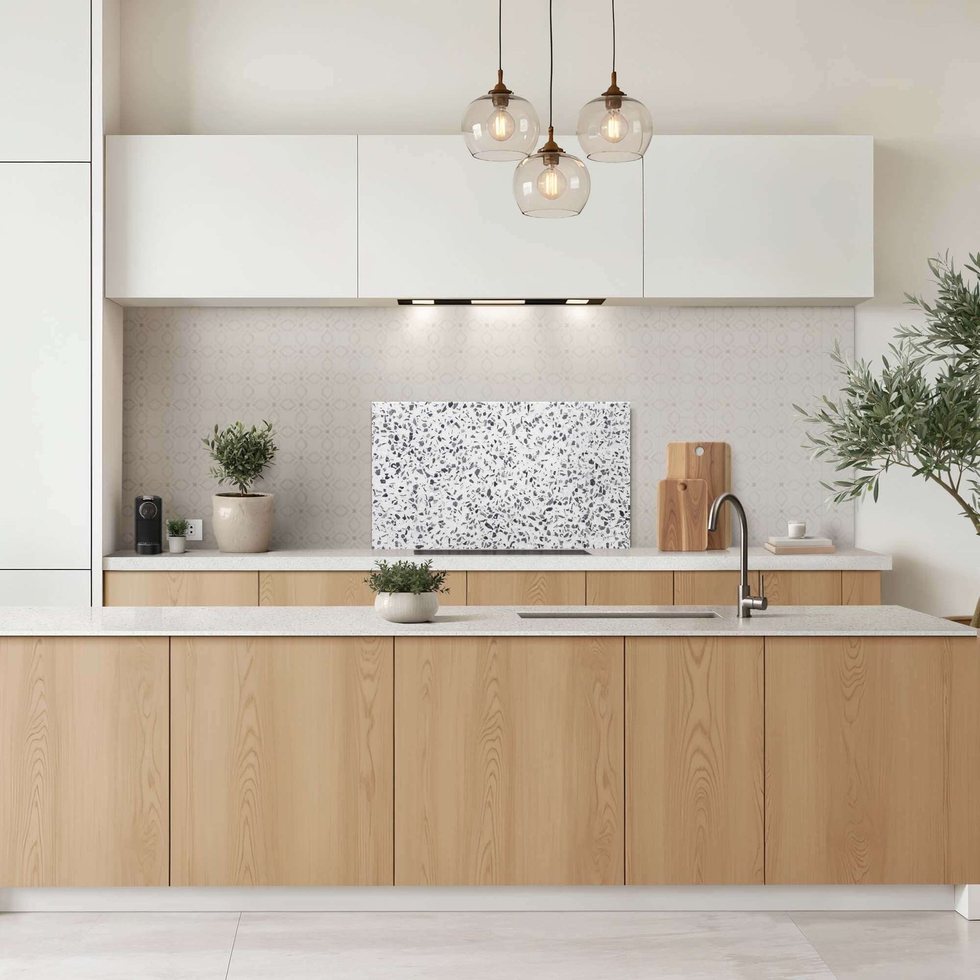 Carrara Mist Küchenrückwand, hitze- und kratzfest, elegantes Carrara-Marmor-Design, Rückwand für moderne Küchen.