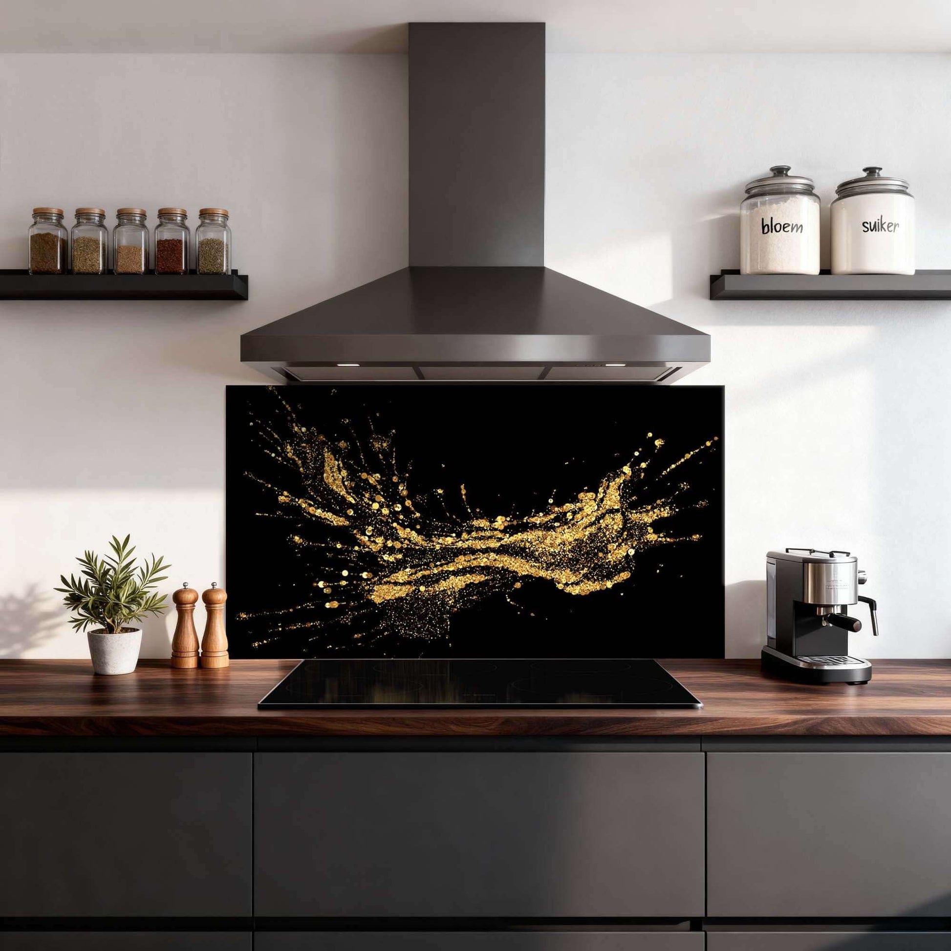 Golden Splash Spatscherm met elegant gouden design op zwart in moderne keuken, perfect als keuken spatscherm en spatwand.