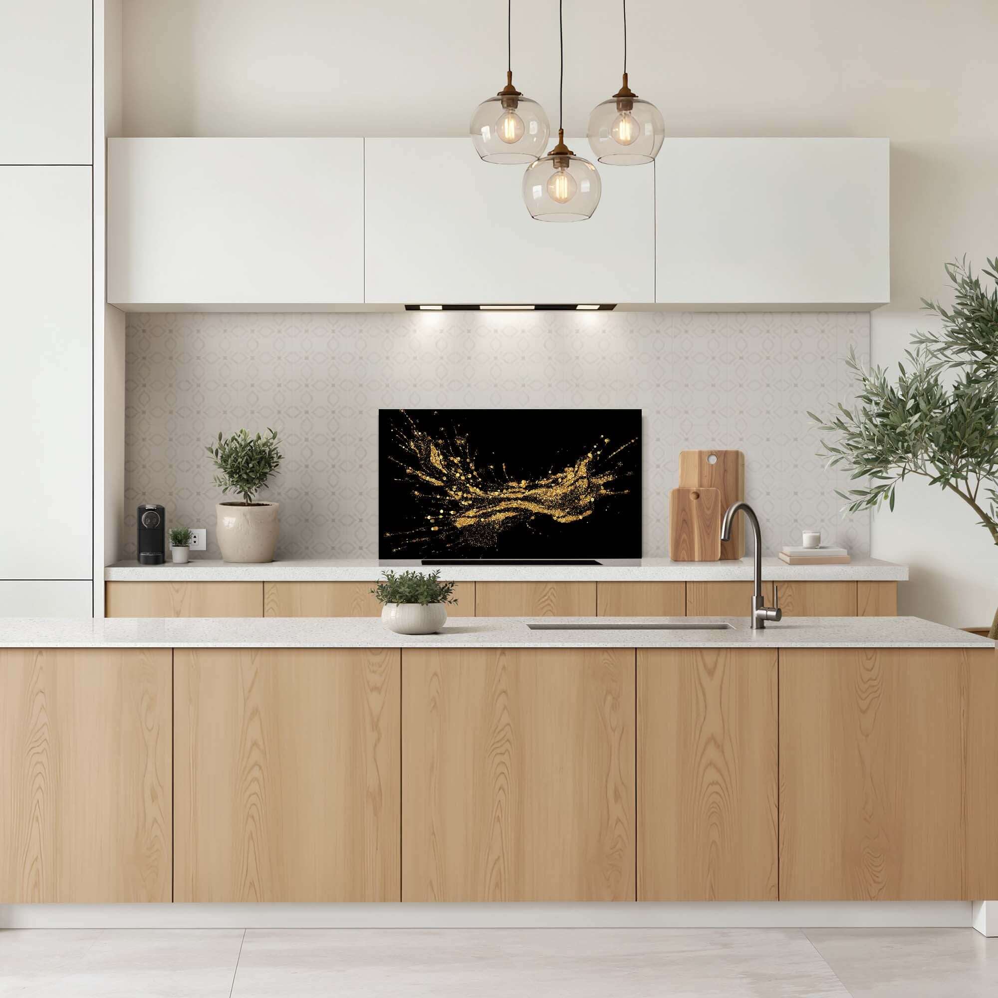 Golden Splash Spatscherm in een moderne keuken met gouden design, spatscherm voor een elegante uitstraling, keuken spatscherm spatwand.