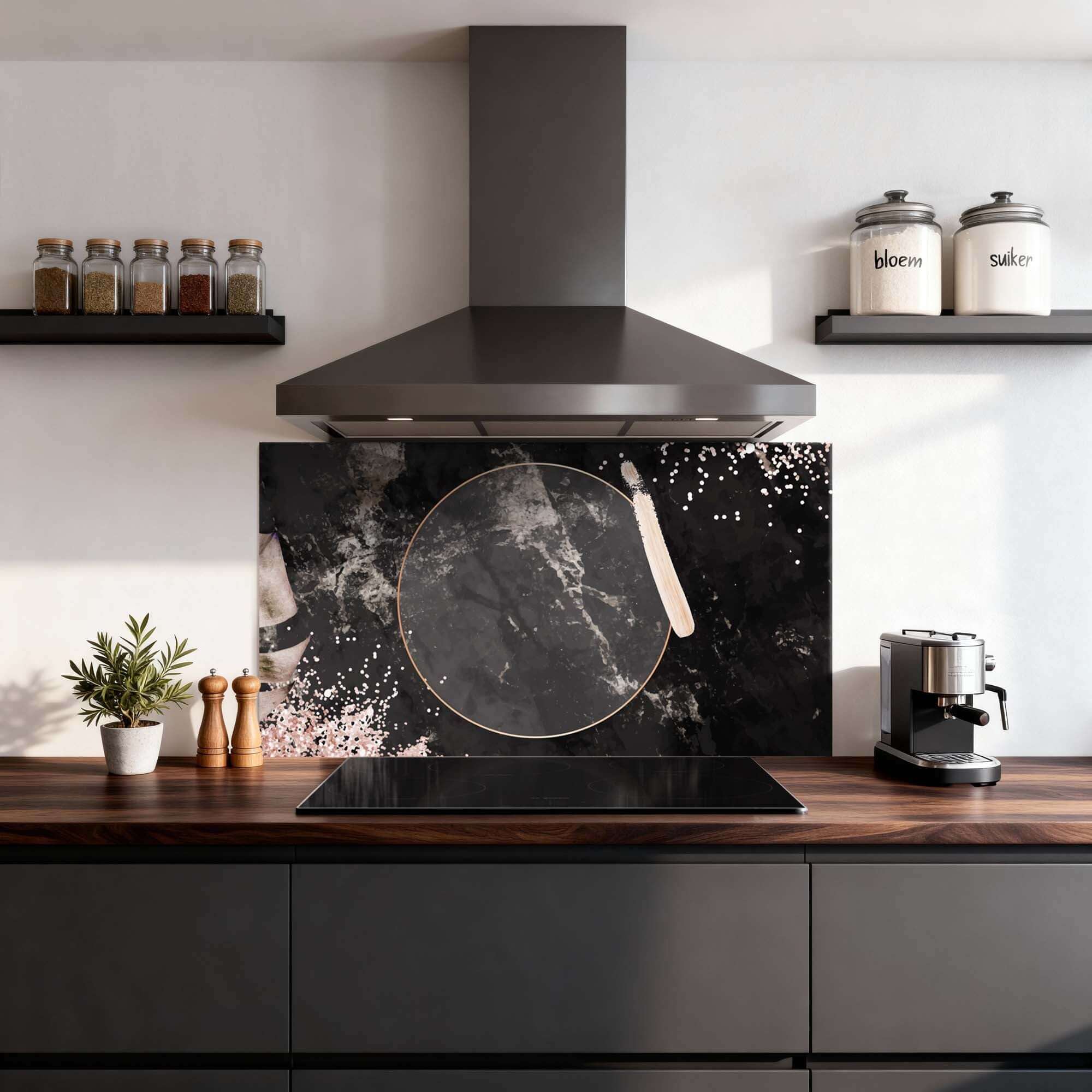 Midnight Rose Spatscherm met marmerpatroon en roségouden accenten in moderne keuken, perfect als spatwand of keuken spatscherm.