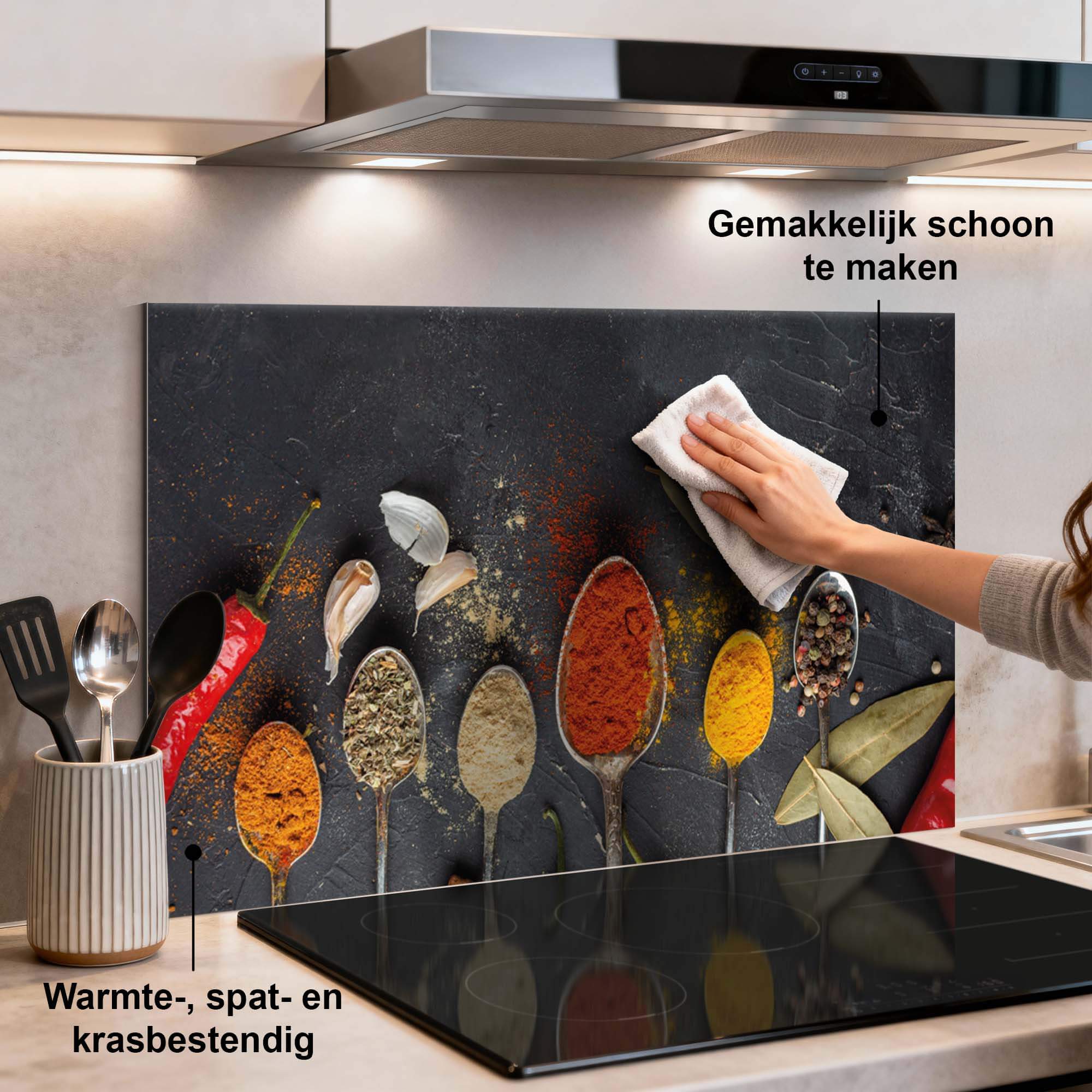 Spice Essence Splash Screen, stilvoller Küchenspritzschutz mit Kräuter- und Gewürzdesign, leicht zu reinigen und spritzwassergeschützt.