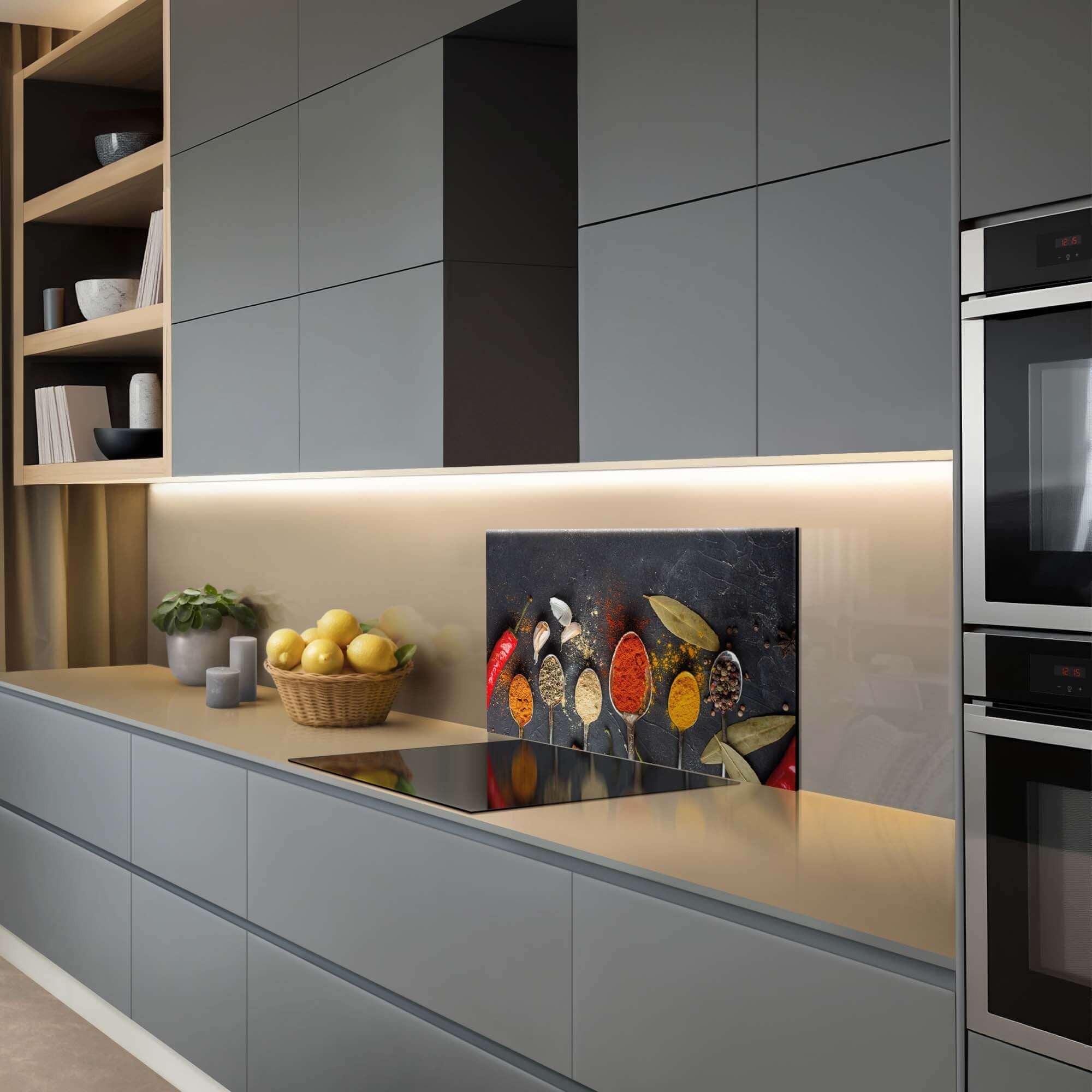 Spice Essence Splash Screen in der modernen Küche mit Gewürzmotiv, ideal als Küchen-Splash Screen oder Splash Wall für Wärme und Charakter.