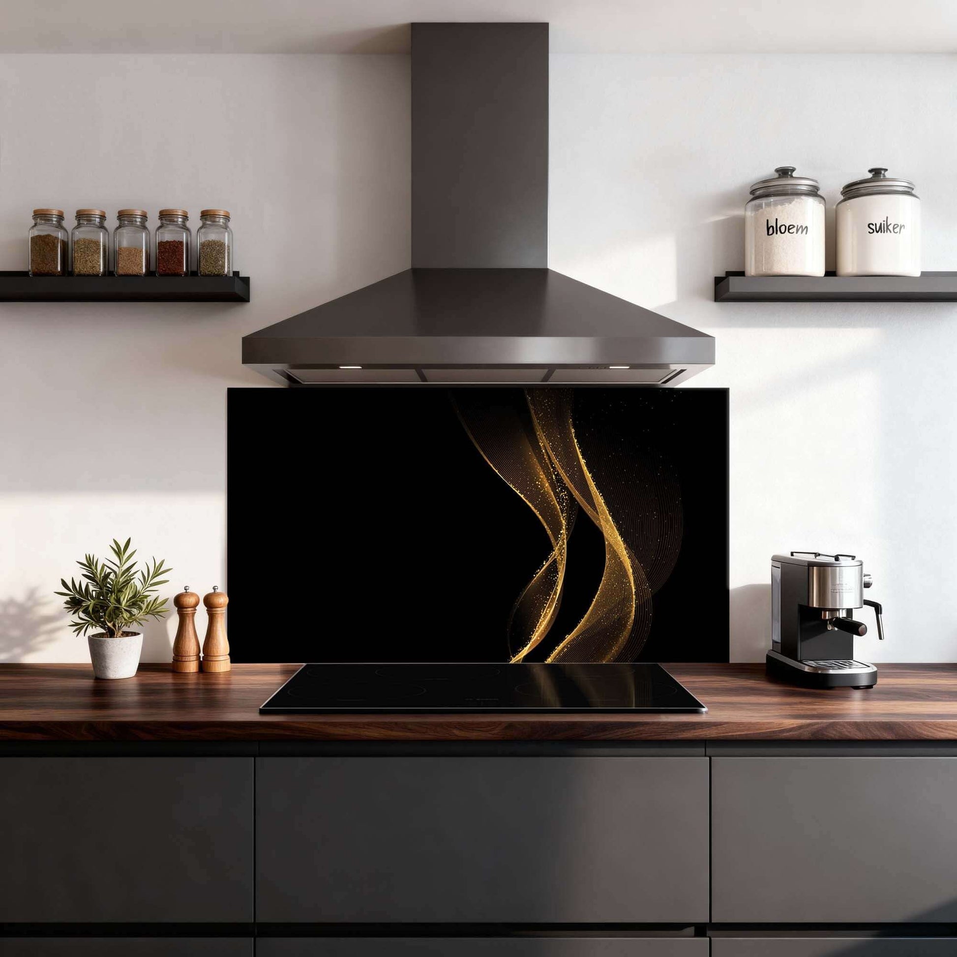 Golden Flow Spatscherm - Elegant zwart en goud spatwand voor de keuken, beschermt tegen spetters. Luxe keuken Spatscherm ontwerp.