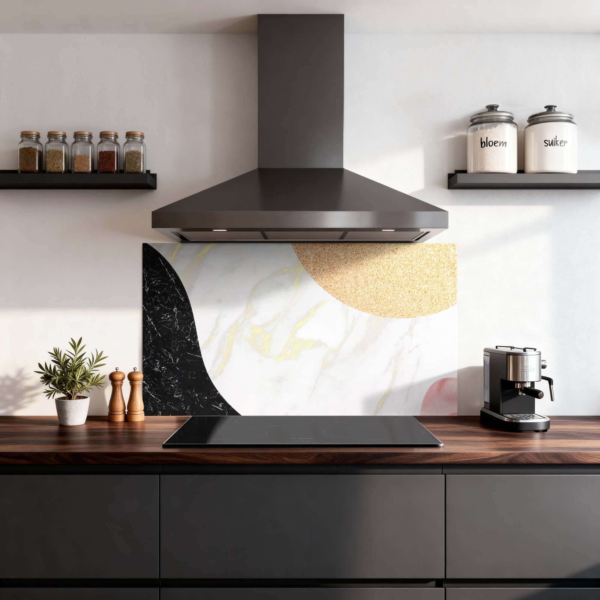 Elegant Marble Chic Spatscherm met gouden en zwarte accenten, perfect als keuken spatscherm en spatwand