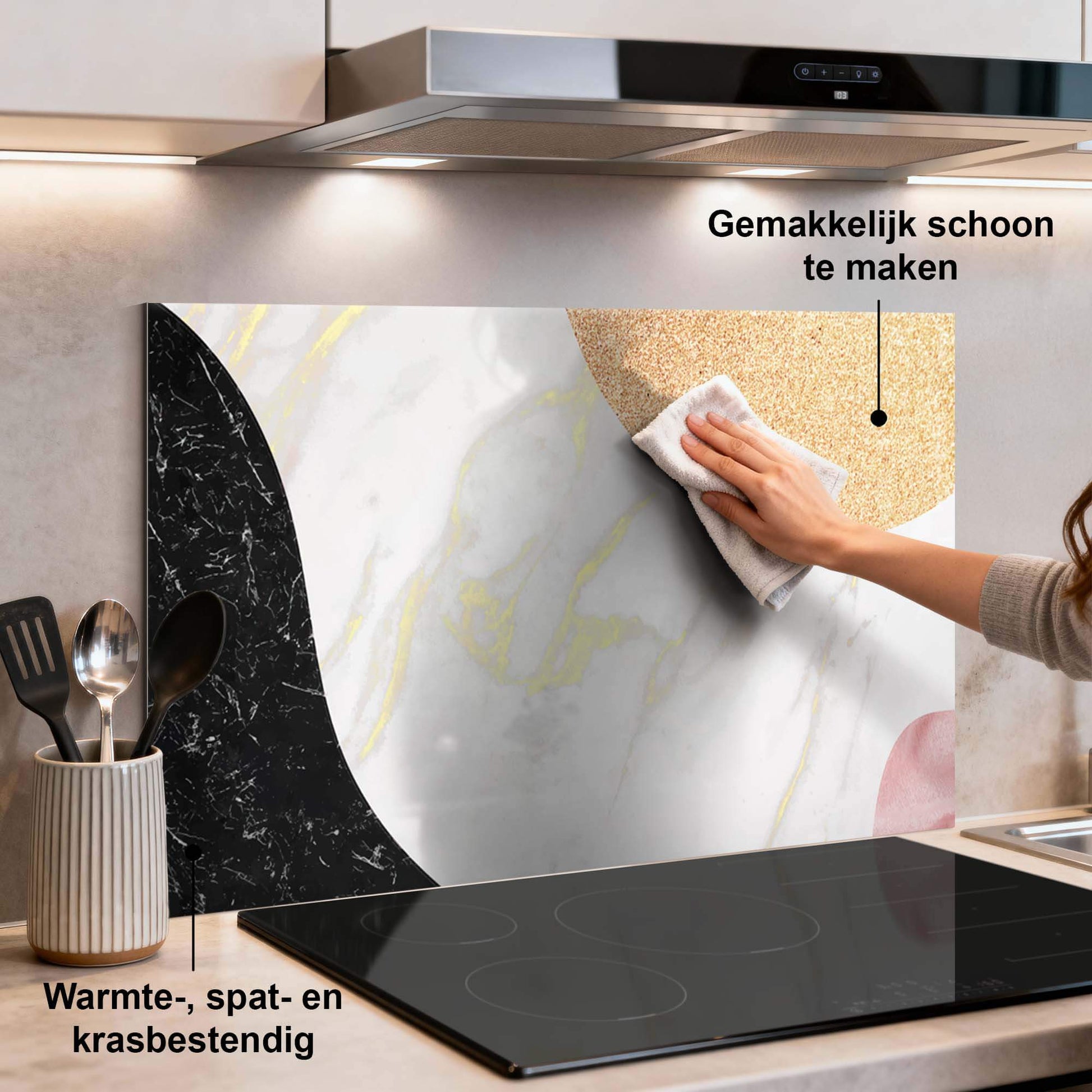 Marble Chic Spatscherm in de keuken met gouden en zwarte accenten, gemakkelijk schoon te maken spatwand, keuken spatscherm