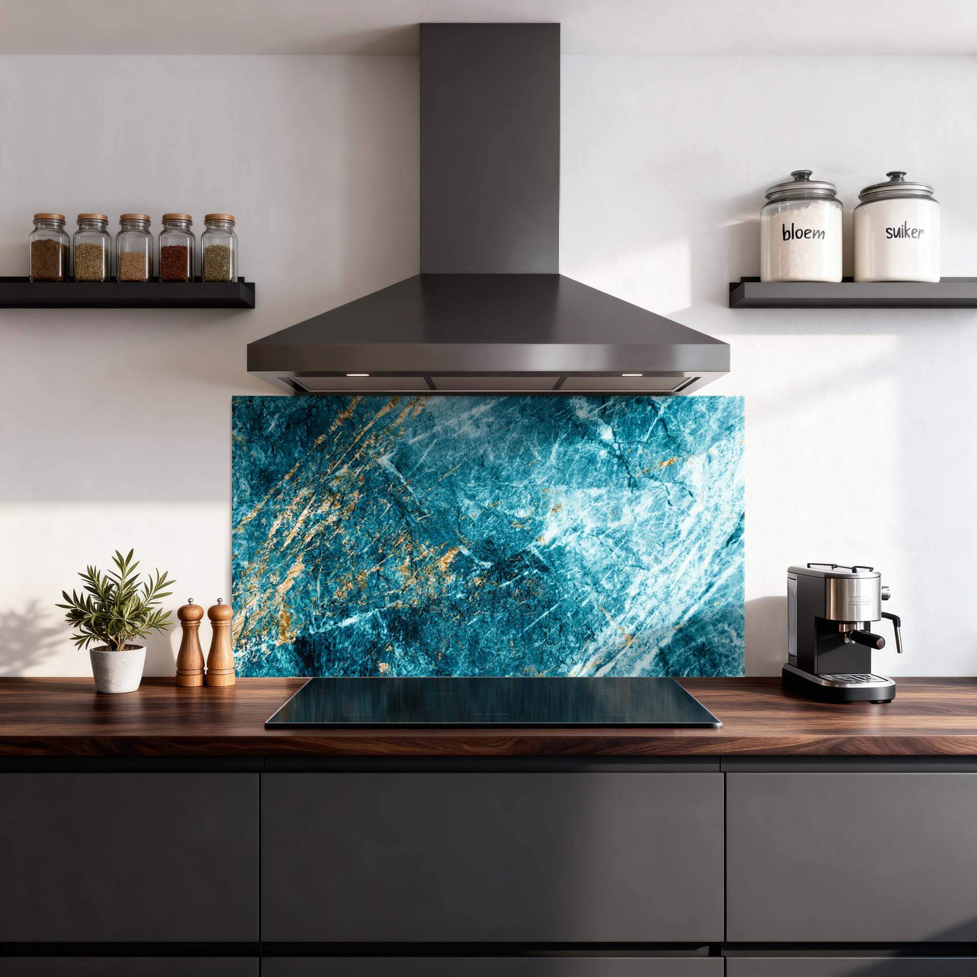 Deep Ocean Marble Splash Screen mit blauen Marmortexturen und goldenen Akzenten, ein stilvoller Küchenspritzschutz für jede moderne Spritzwand.