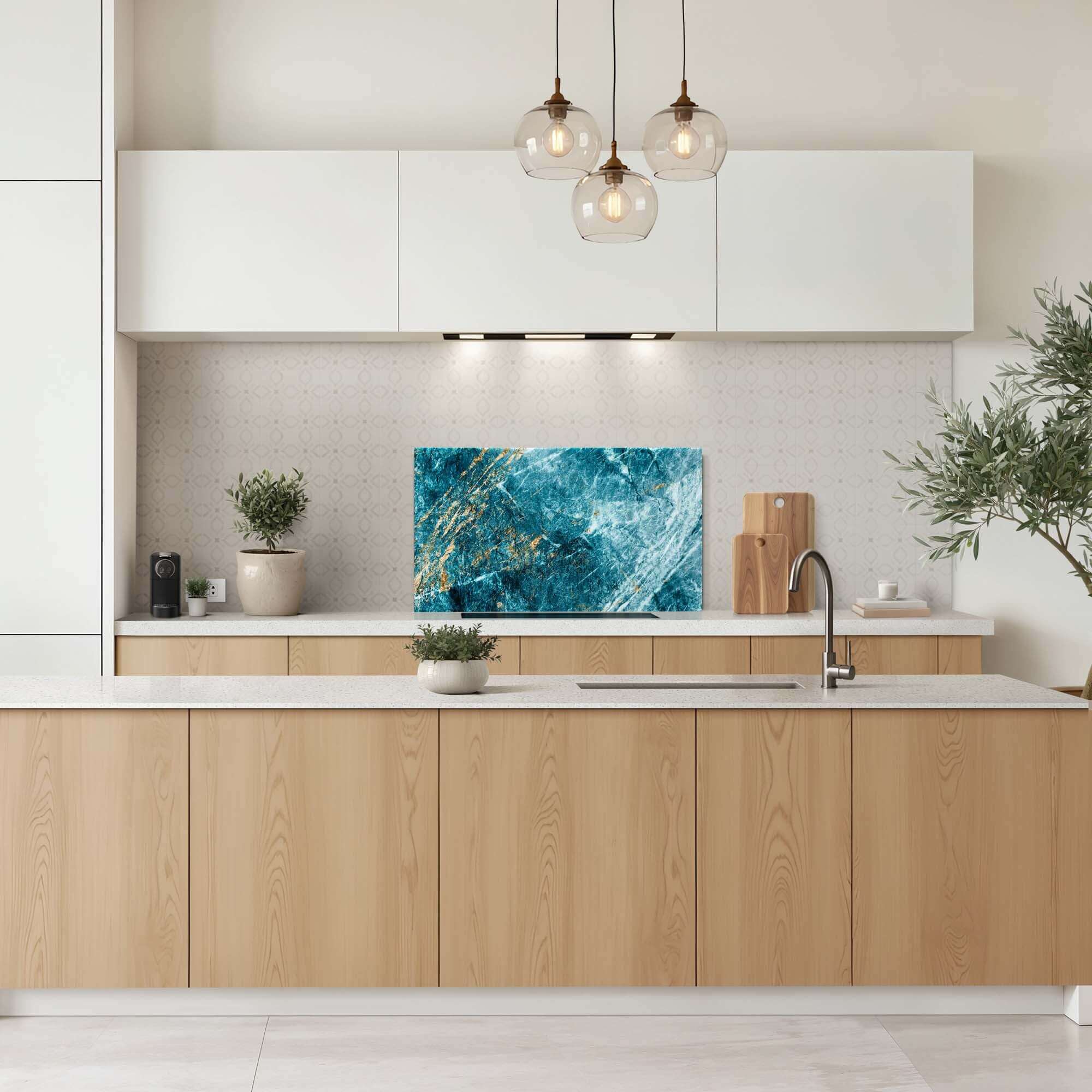 Luxusküche mit Rückwand aus Deep Ocean Marmor, tiefblaue Rückwand mit goldenen Akzenten, elegante Küchenarmaturen.