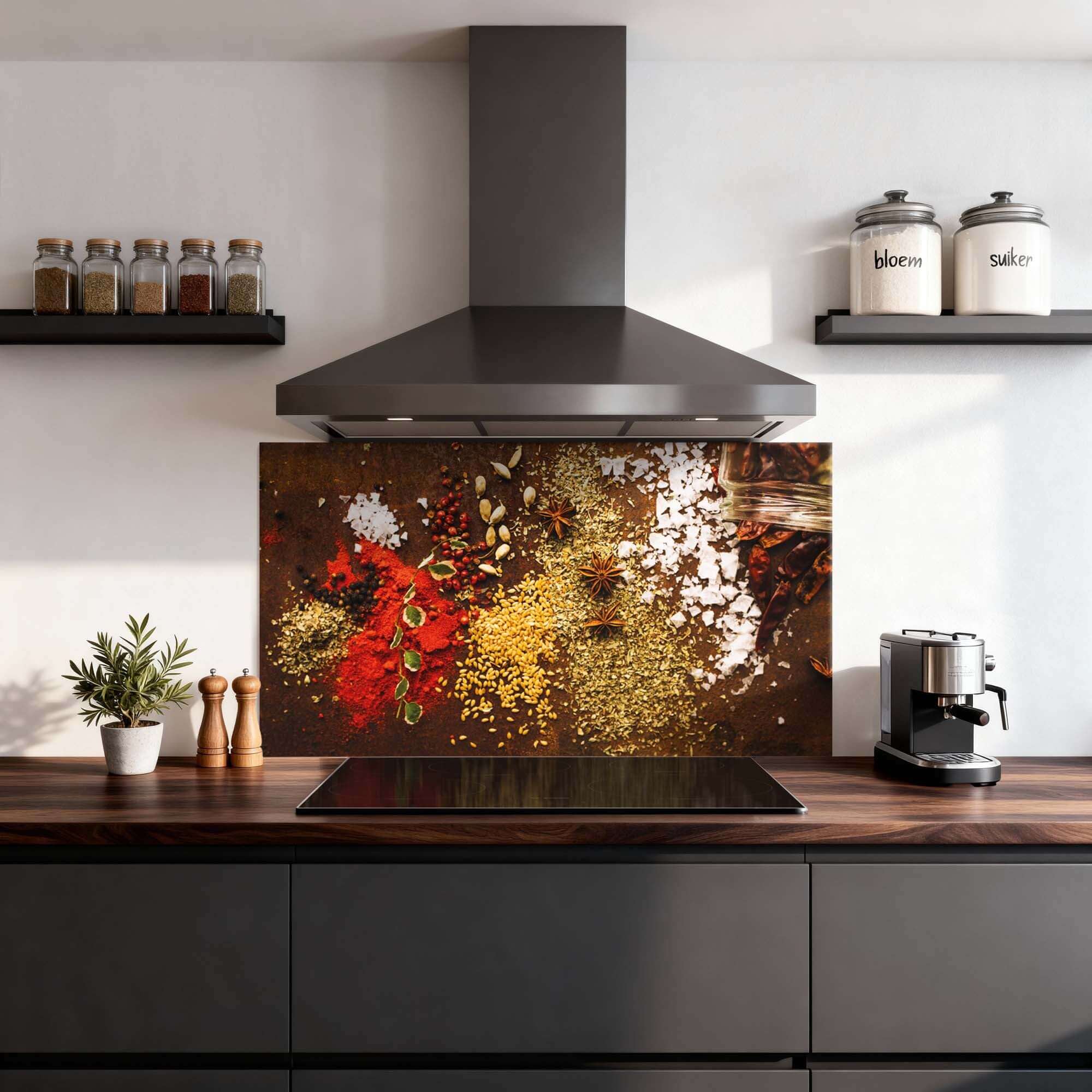 Spice Symphony Splash Screen - farbenfroher Küchenspritzschutz und Spritzwand mit Gewürzdesign für Kochspaß und Küchencharakter.