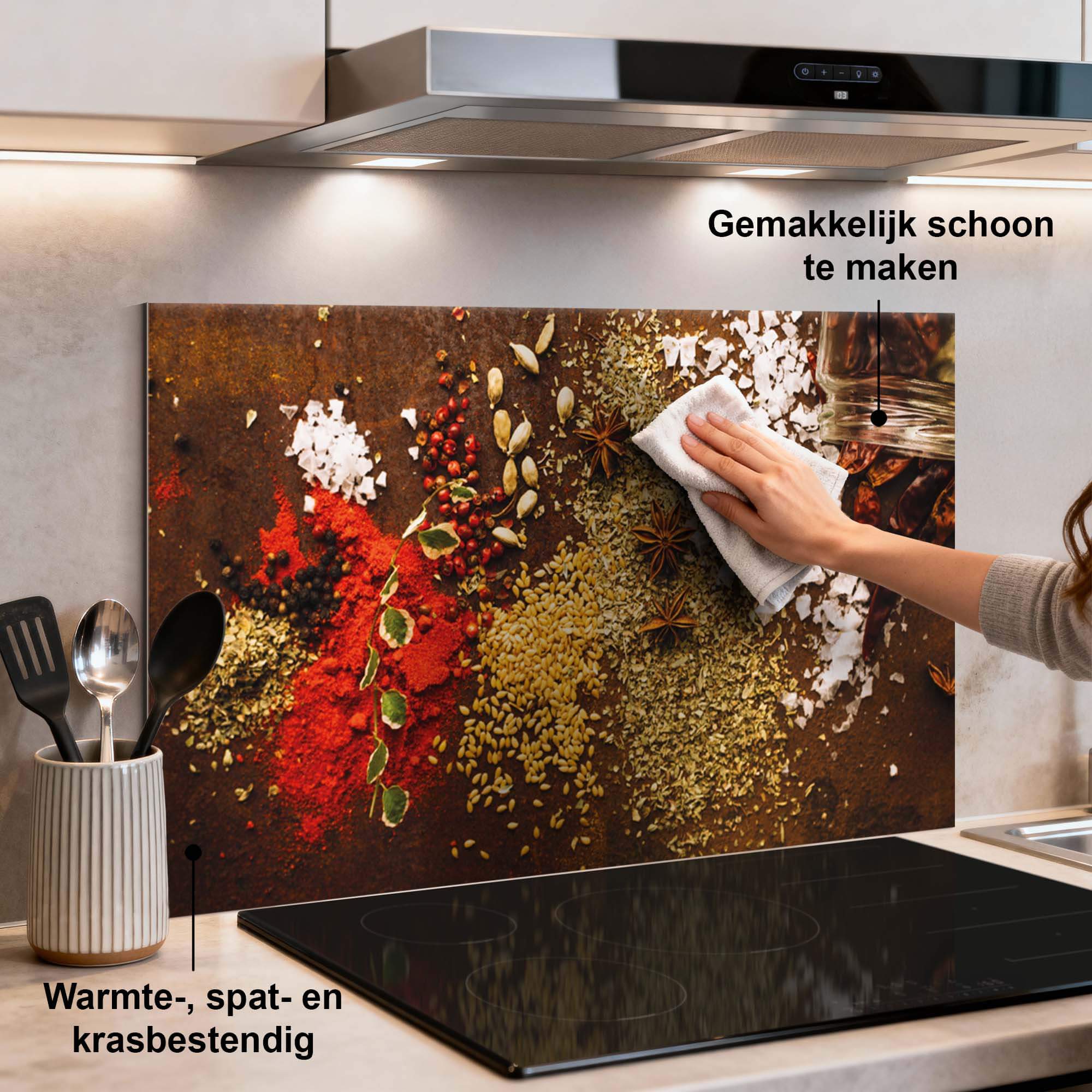 Spice Symphony Spatscherm in de keuken met kruidenontwerp, ideaal als kleurrijk en warmtebestendig keuken spatscherm of spatwand.