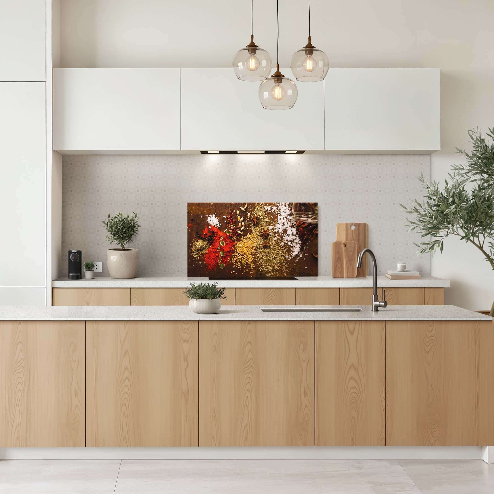 Moderne keuken met Spice Symphony spatscherm, kleurrijk Keuken Spatscherm ontwerp als decoratieve spatwand achter fornuis.