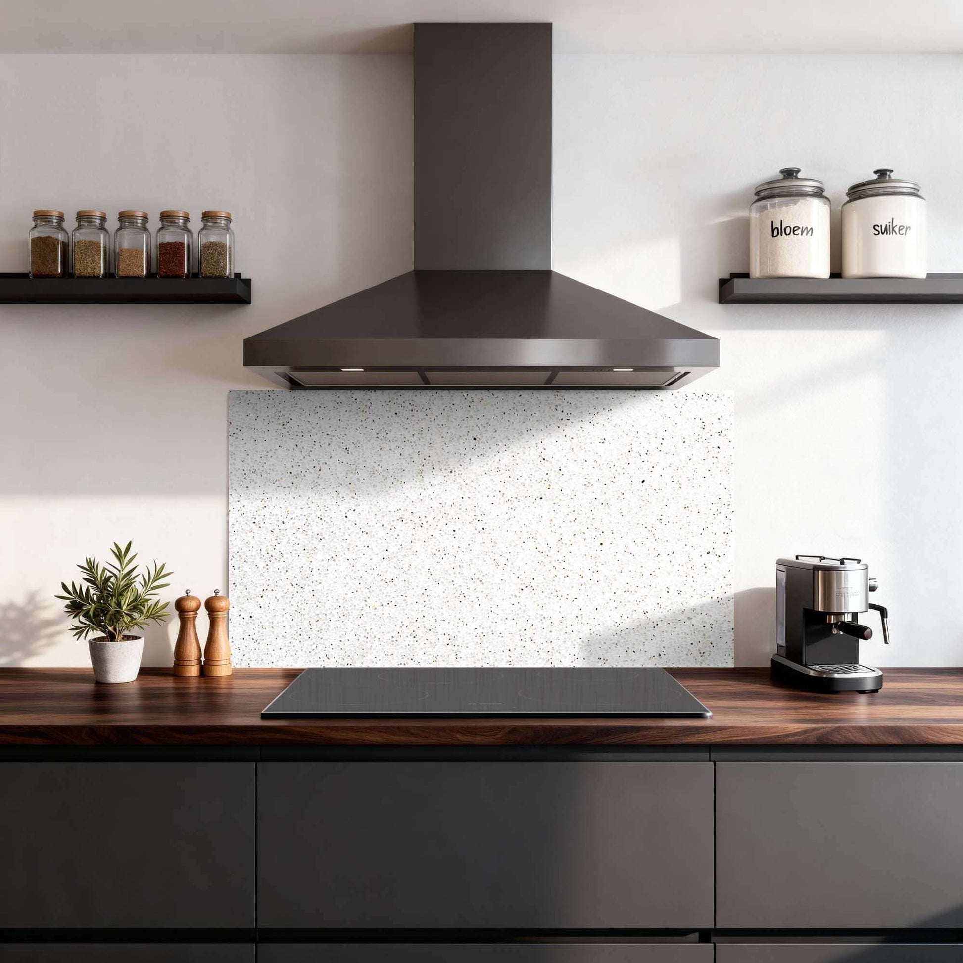 Terrazzo Spatscherm in moderne keuken, hittebestendig en eenvoudig te reinigen. Ideaal als keuken spatscherm of spatwand.