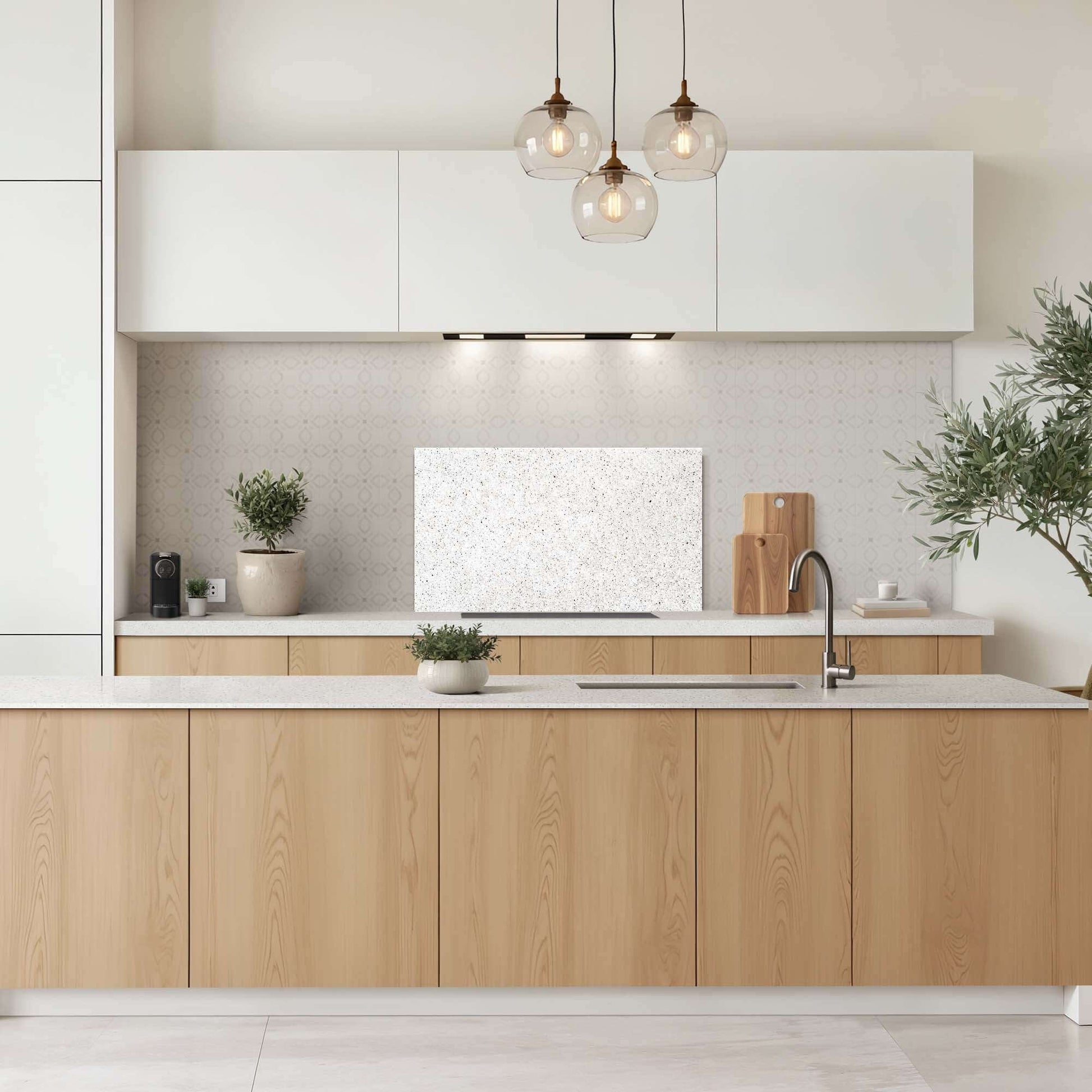 Terrazzo Spatscherm in moderne keuken, duurzaam spatwand, ideale Keuken Spatscherm, eenvoudig schoon te maken, elegant ontwerp.