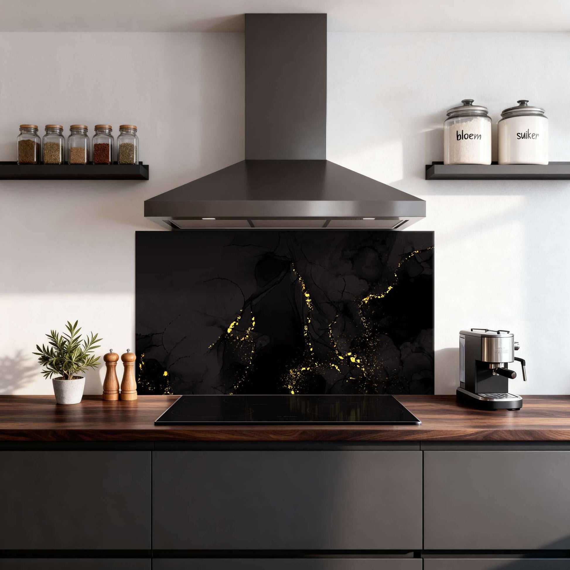 Schwarzer Marmor Gold Splashback in moderner Küche mit goldenen Akzenten, verwendet als Spritzschutz und Küchenrückwand.