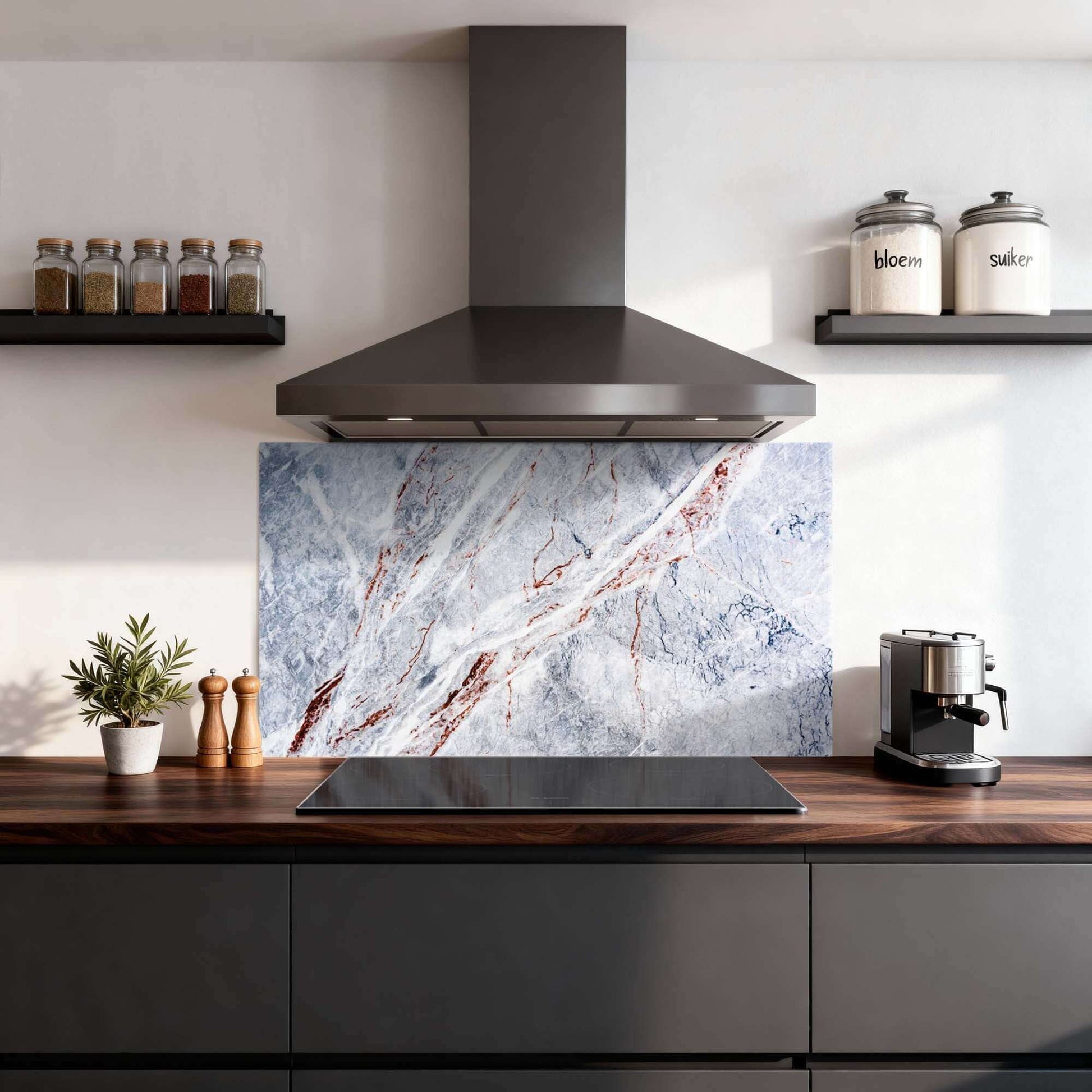 Elegant Marble Spatscherm met warm roodbruin marmerdesign voor een stijlvolle keuken, ideaal als Keuken Spatscherm of Spatwand.