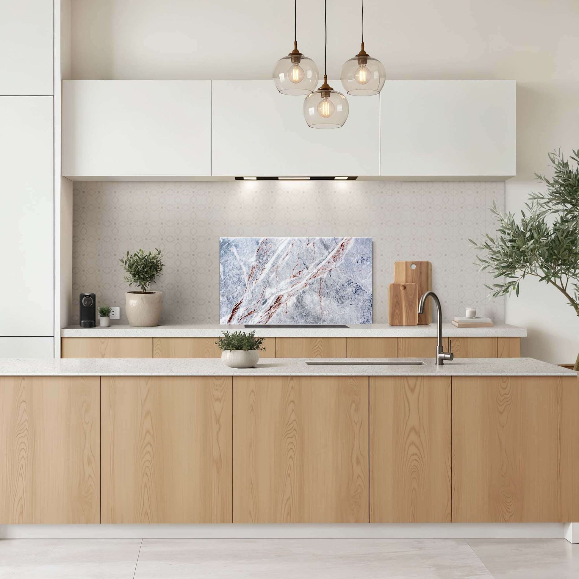 Elegant Marble Spatscherm in een moderne keuken, ideaal als spatwand met marmerdesign, keuken spatscherm.