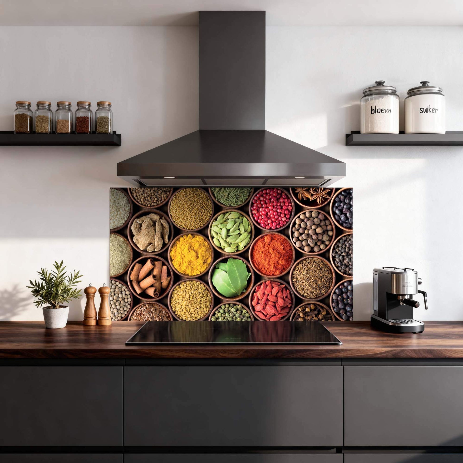 Spice Harmony Spritzwand mit farbenfrohen Gewürzdosen, idealer Küchen-Spritzschutz für eine warme kulinarische Atmosphäre. Perfekte Lösung für die Spritzwand.