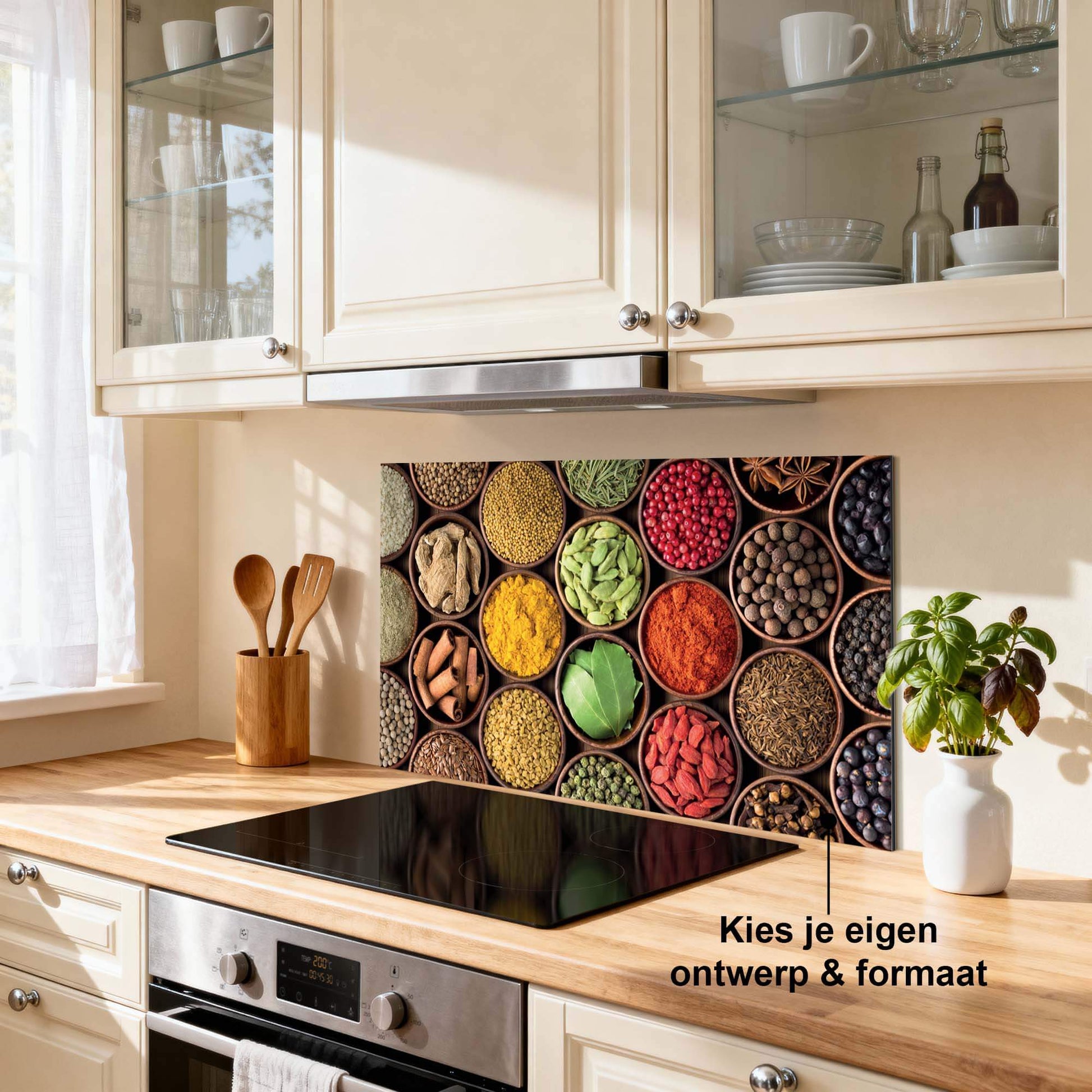 Spice Harmony Splash-Wand mit bunten Gewürzdosen in der modernen Küche. Verschönern Sie Ihre Küche mit diesem einzigartigen Splash-Wanddesign.