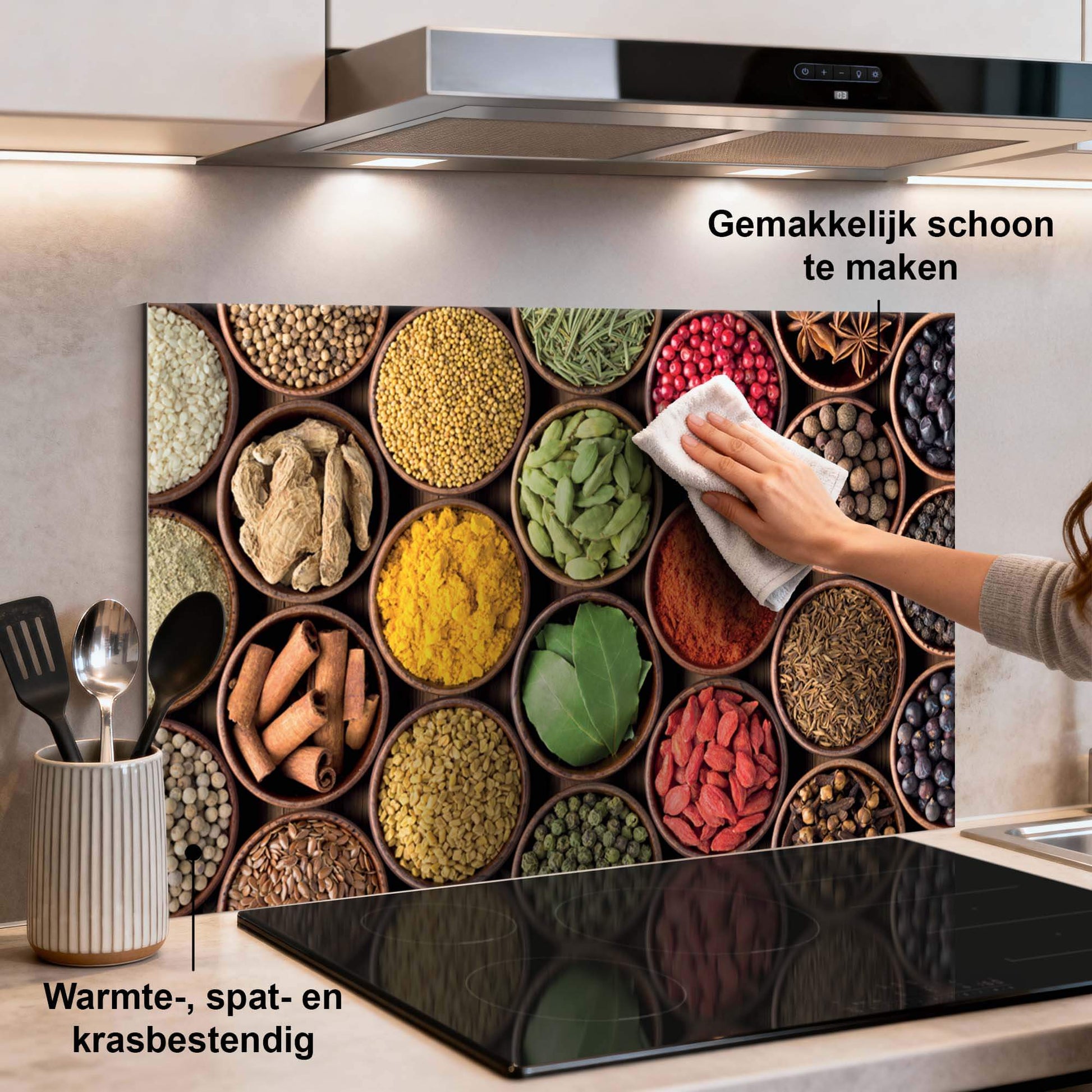 Spice Harmony Spritzschutz mit bunten Gewürzen auf dem Küchenspritzschutz, hitze- und kratzfest, idealer Küchenspritzschutz.
