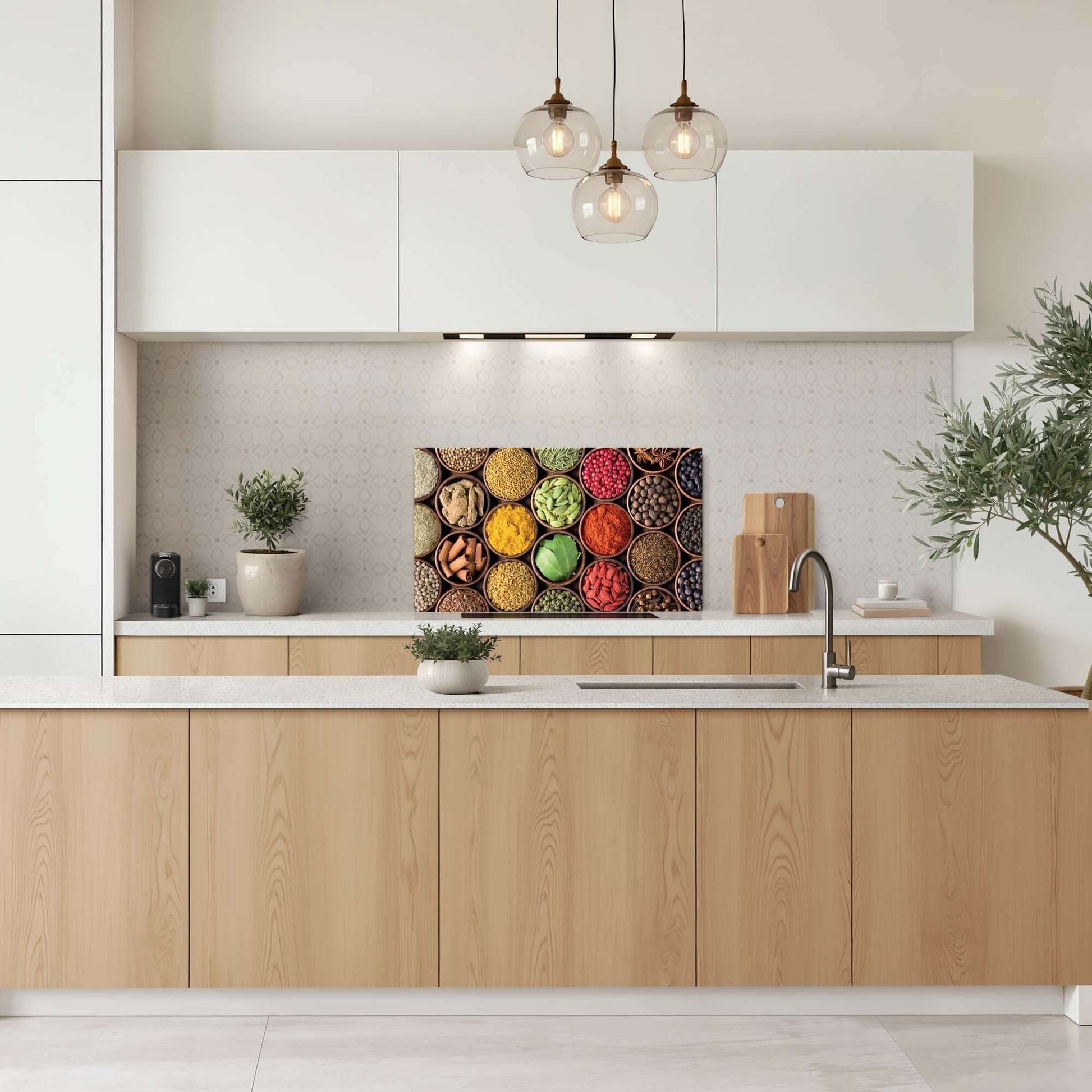 Spice Harmony Spritzwand in moderner Küche mit bunten Gewürzdosen, ideal als Küchenspritzwand oder Spritzwand für kulinarisches Ambiente.