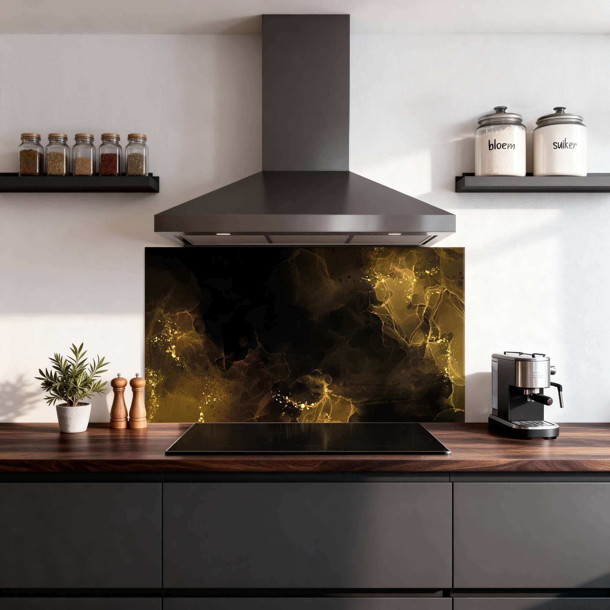Golden Smoke Spatscherm met gouden en zwarte accenten voor een luxe keuken, ideaal als Spatwand of Keuken Spatscherm.