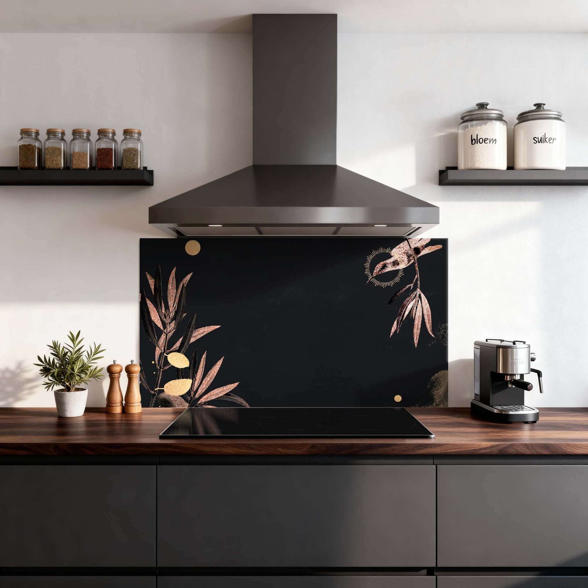 Golden Olive Spatscherm met zwarte en gouden accenten, ideaal voor luxe keukeninrichting. Perfect als Spatscherm of Spatwand in de keuken.
