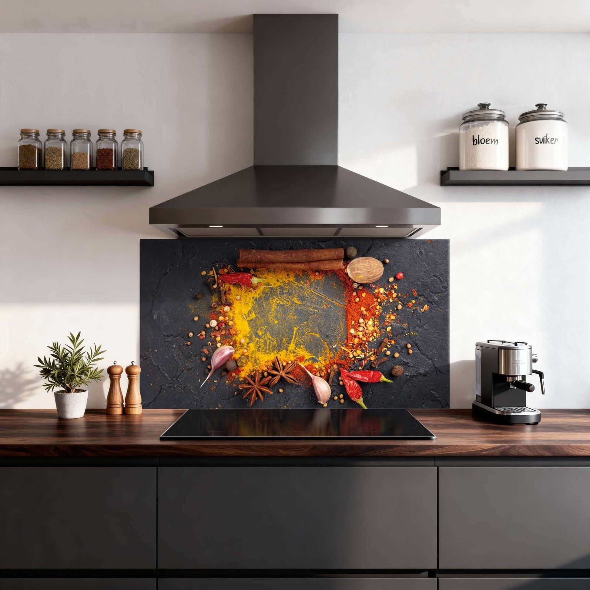 Eastern Spice Mix Spatscherm in moderne keuken met kleurrijke kruiden, ideaal als keuken spatscherm en spatwand.
