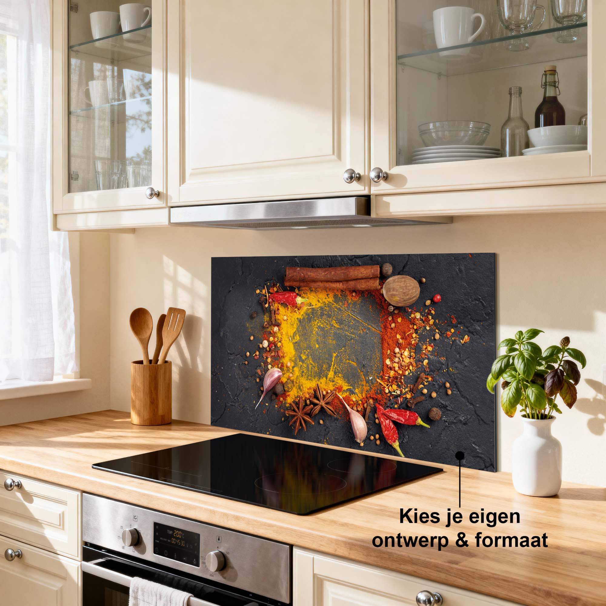 Eastern Spice Mix Spatscherm in een keuken met kruiden, ideaal als keuken spatscherm of spatwand, kleurrijke oosterse stijl.