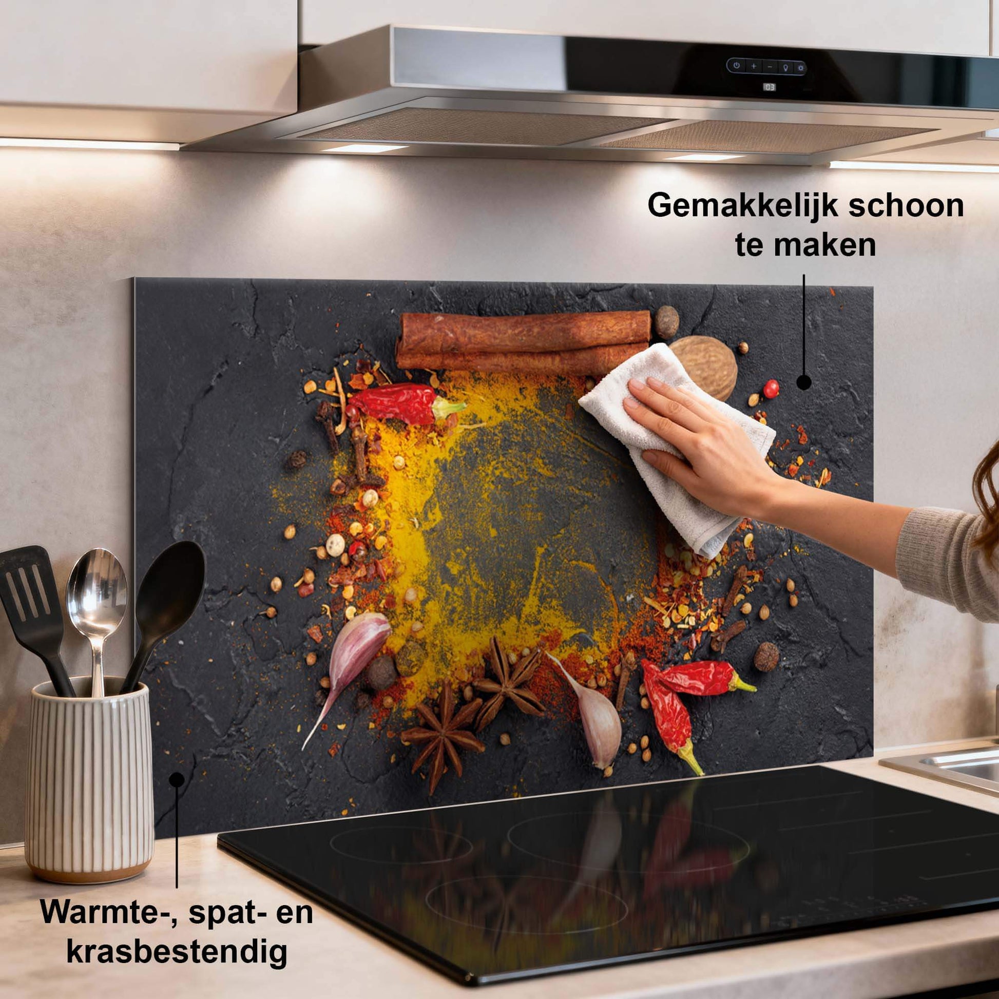 Eastern Spice Mix Spatscherm voor keuken, kleurrijke spatwand met oosterse kruiden, praktisch en decoratief, warmte- en spatbestendig.