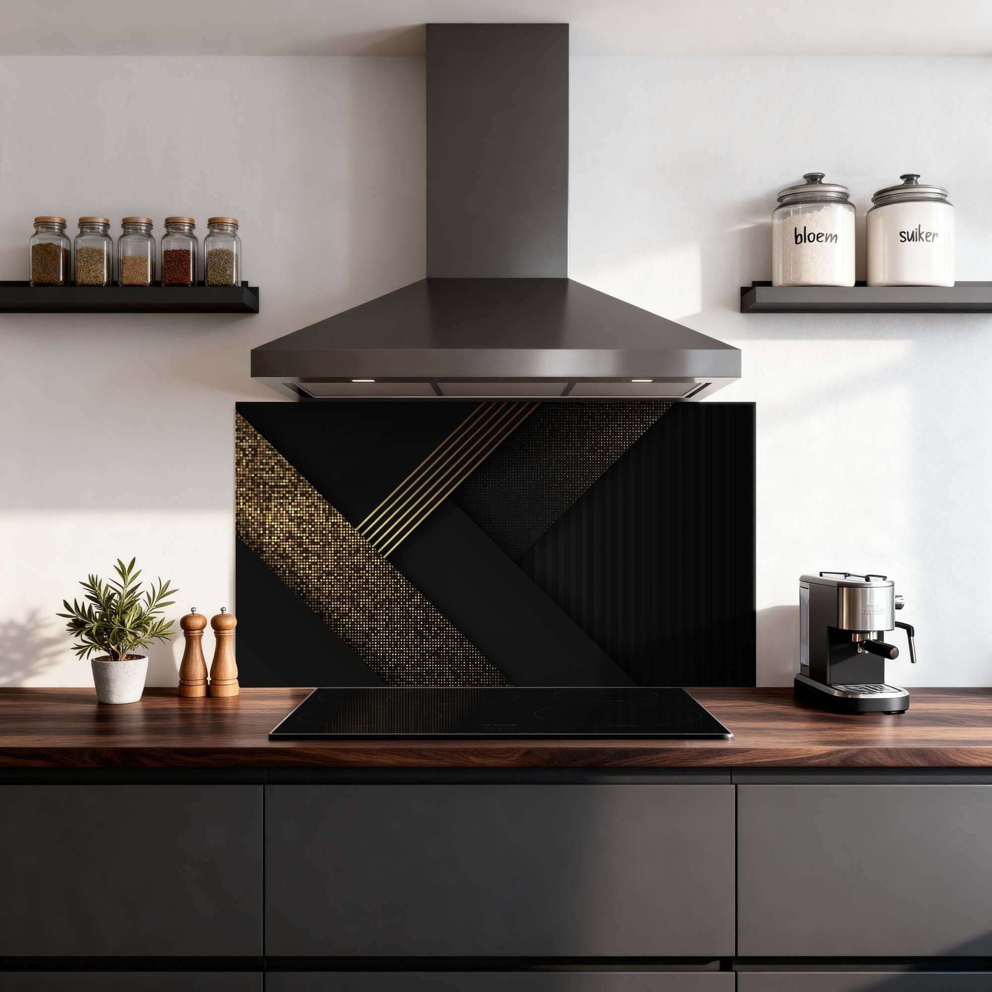 Golden Geometry Spatscherm in moderne keuken, geometrisch ontwerp in zwart en goud, Spatscherm, Keuken Spatscherm, Spatwand.