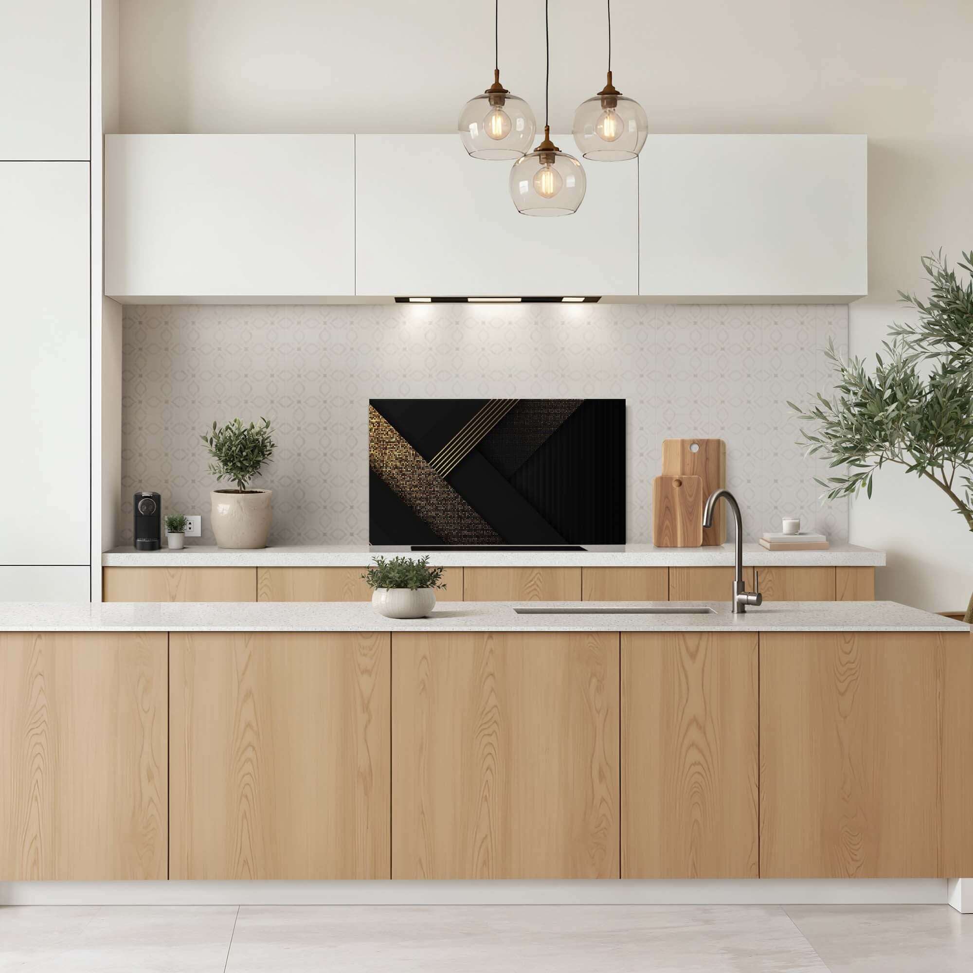 Keuken met Golden Geometry Spatscherm in zwart en goud, modern spatwandontwerp voor een luxe uitstraling.