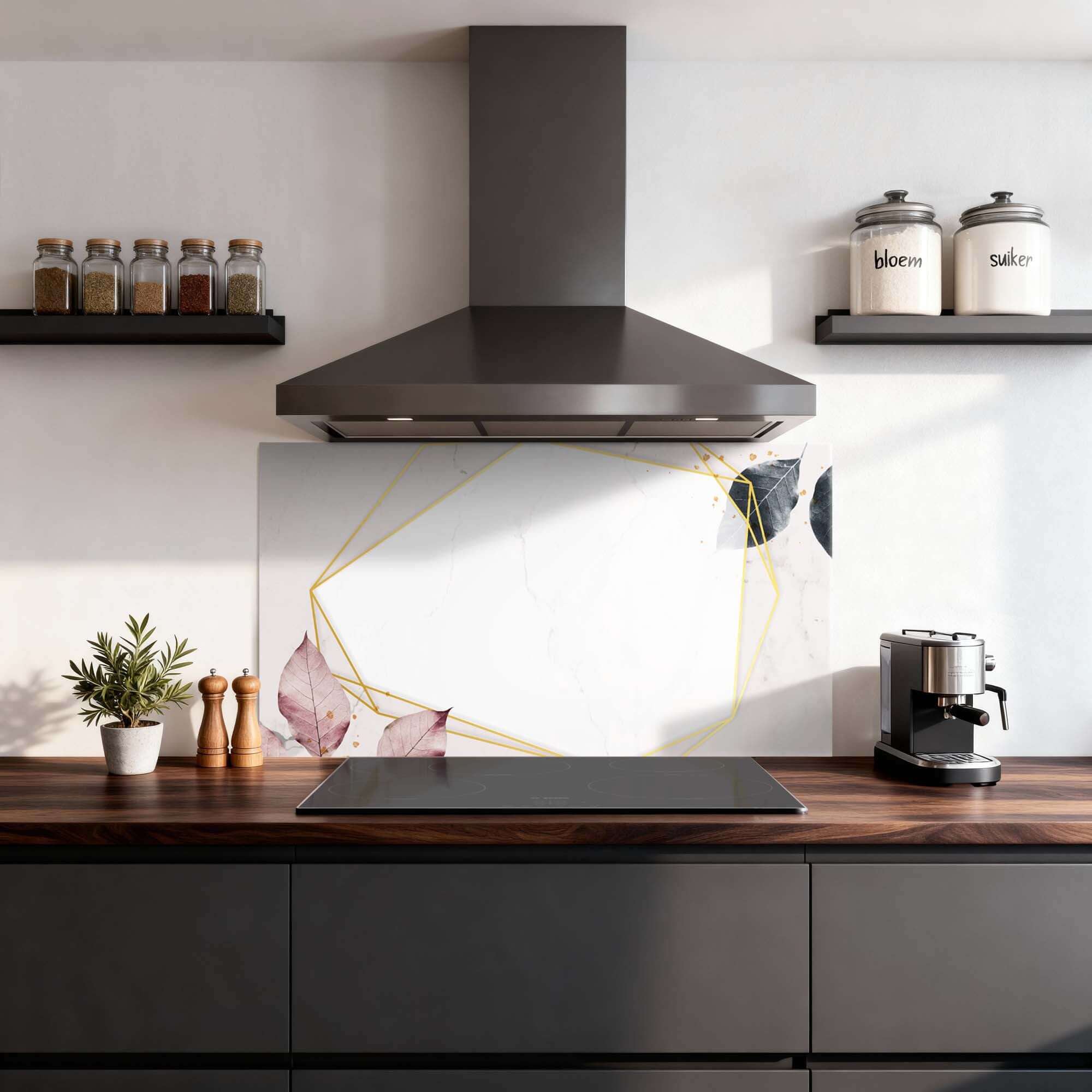 Geometrische Eleganz Spritzwand für Küche mit Marmor, Gold und sanften Tönen, stilvolle Spritzwand und Küche Spritzwand Design