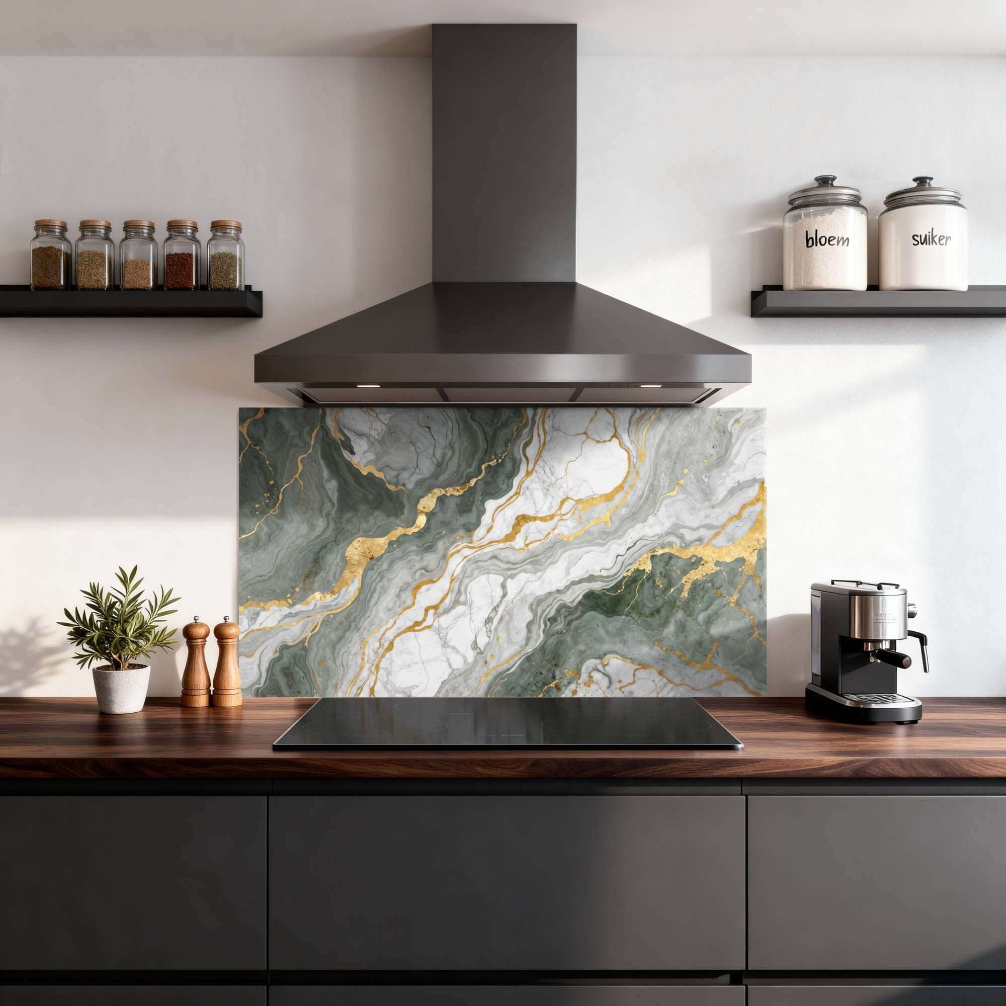 Luxurious Marble Green Spatscherm in een moderne keuken, perfecte spatwand oplossing met elegante groene marmerpatronen en gouden aders.