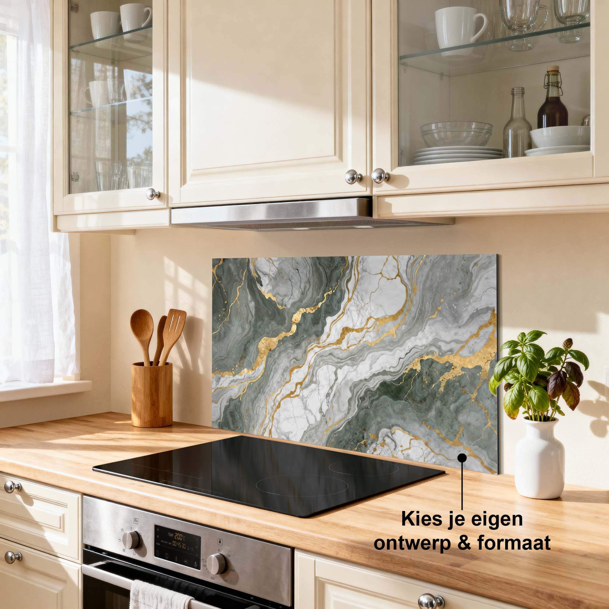 Luxurious Marble Green Spatscherm in keuken met groene en gouden spatwand design.