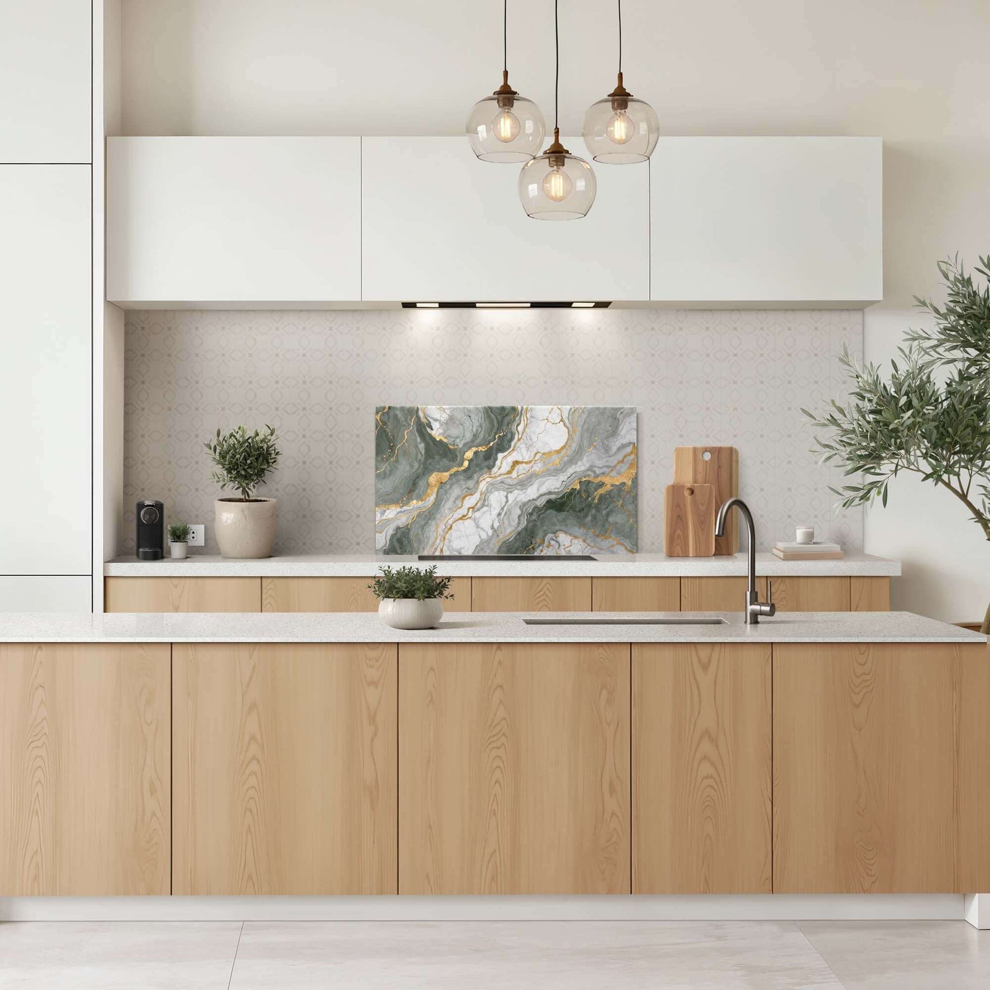 Luxurious Marble Green Spatscherm in moderne keuken, elegant marmeren design met groene en gouden aders. Spatscherm en spatwand decor.