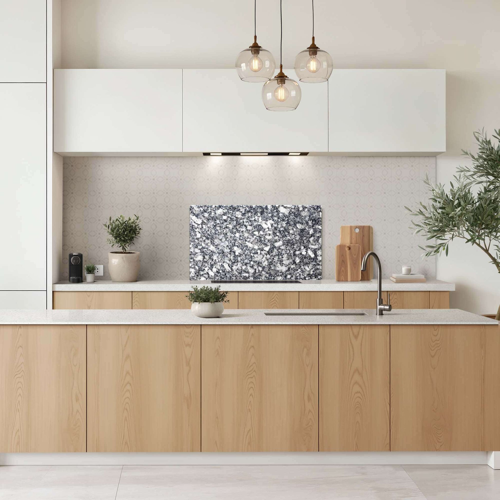 Midnight Granite Spatscherm in moderne keuken, blauwgrijs graniet look, robuuste Spatwand en Keuken Spatscherm voor stijlvol interieur.