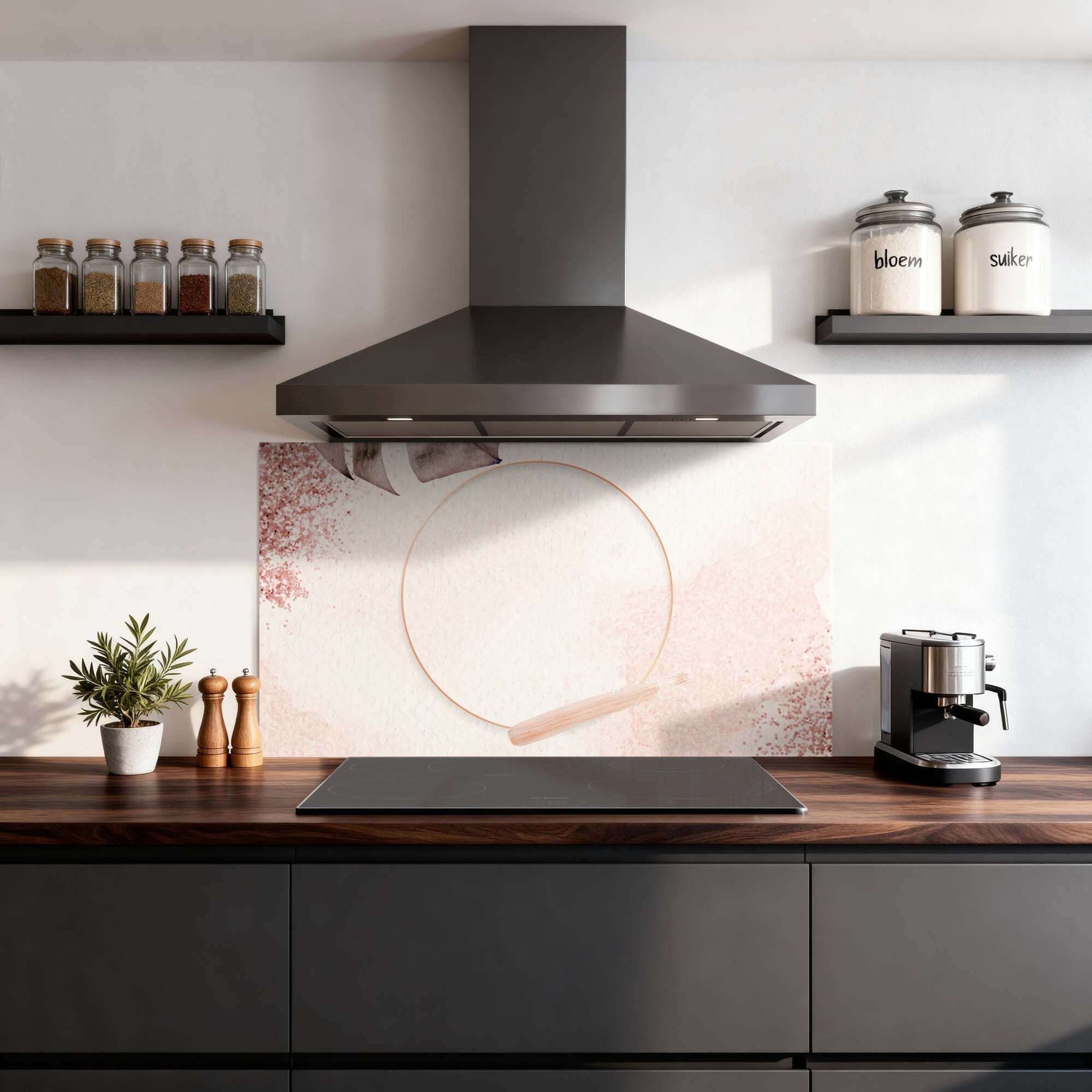 Soft Harmony Spatscherm: elegant roze spatscherm voor moderne keukens, ook bekend als keuken spatscherm of spatwand.