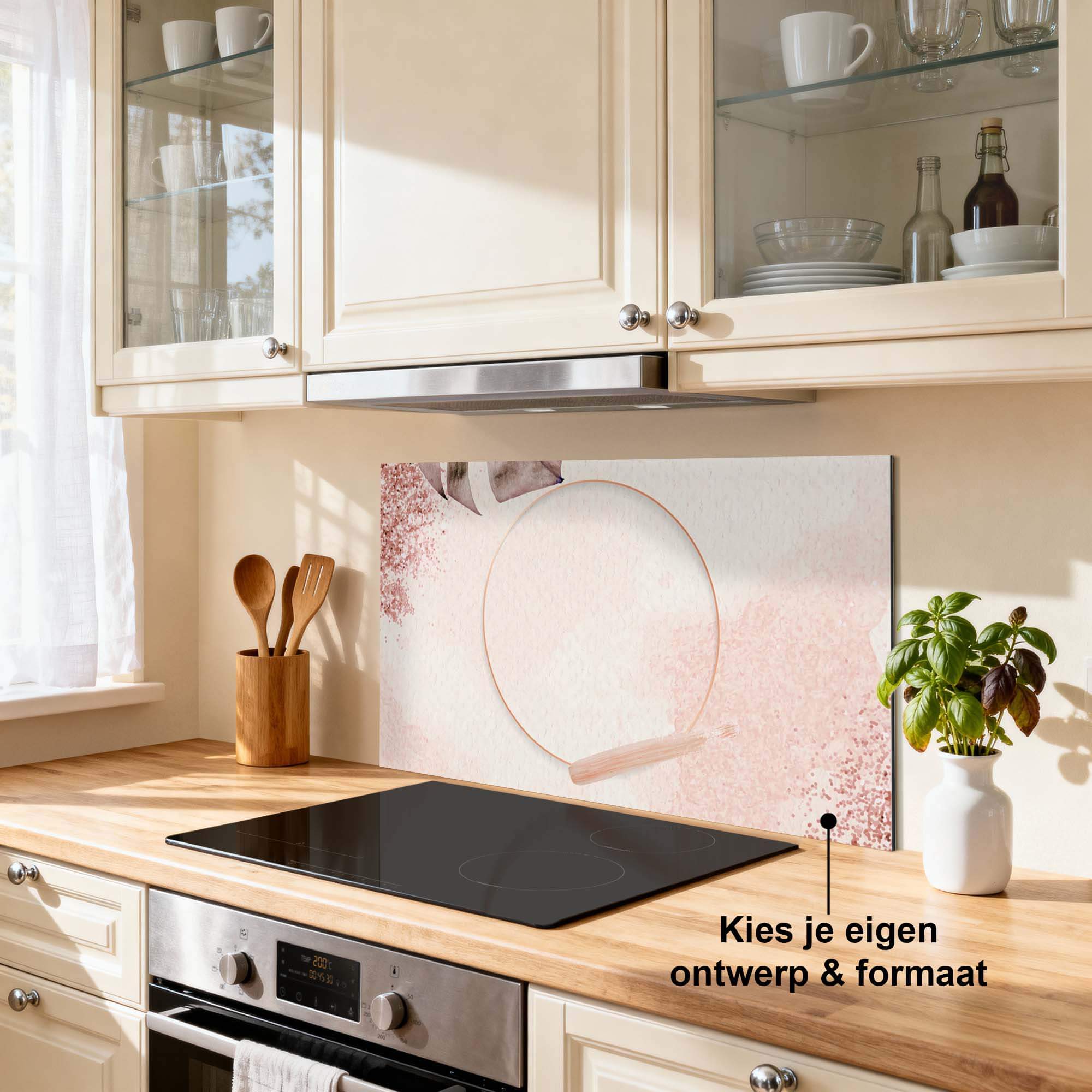 Soft Harmony Spatscherm in moderne keuken met roze tinten, verfijnd spatschermdesign voor rust en stijl. Inclusief Keuken Spatscherm en Spatwand.