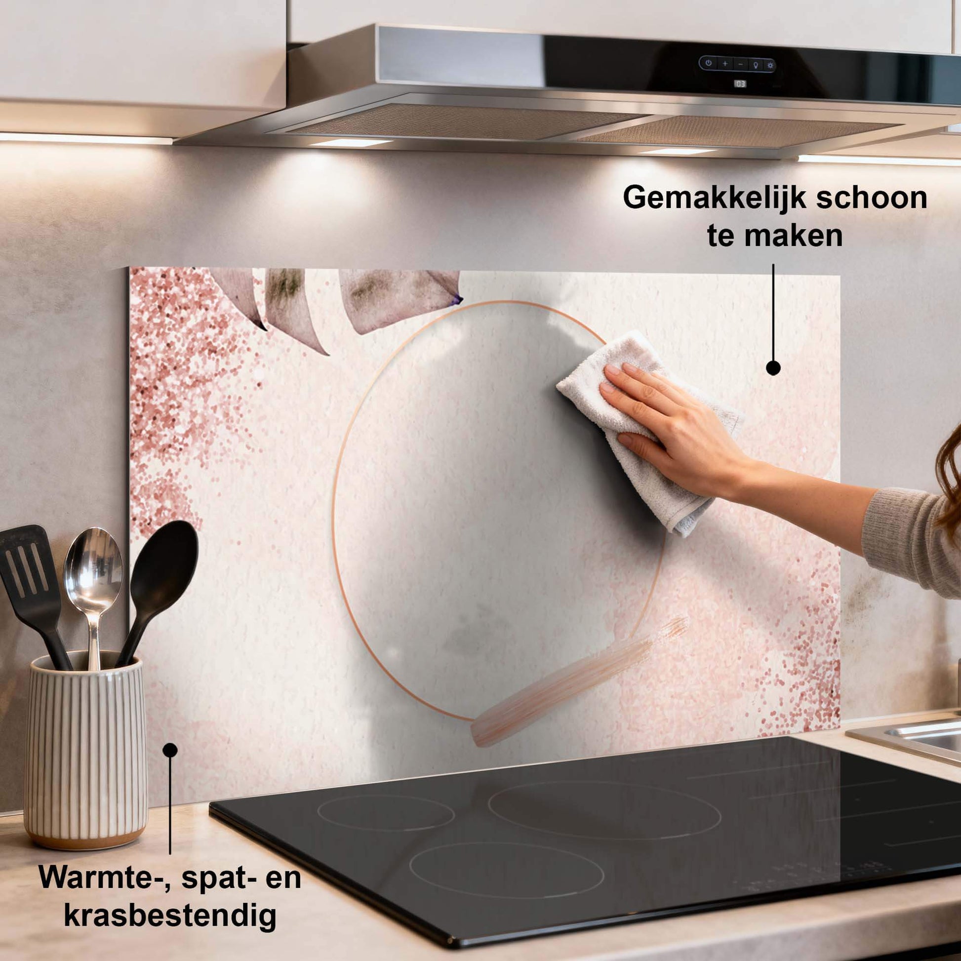 Soft Harmony Spatscherm met roze tinten, elegant keuken spatscherm spatwand, eenvoudig schoon te maken, warmtebestendig en stijlvol design.