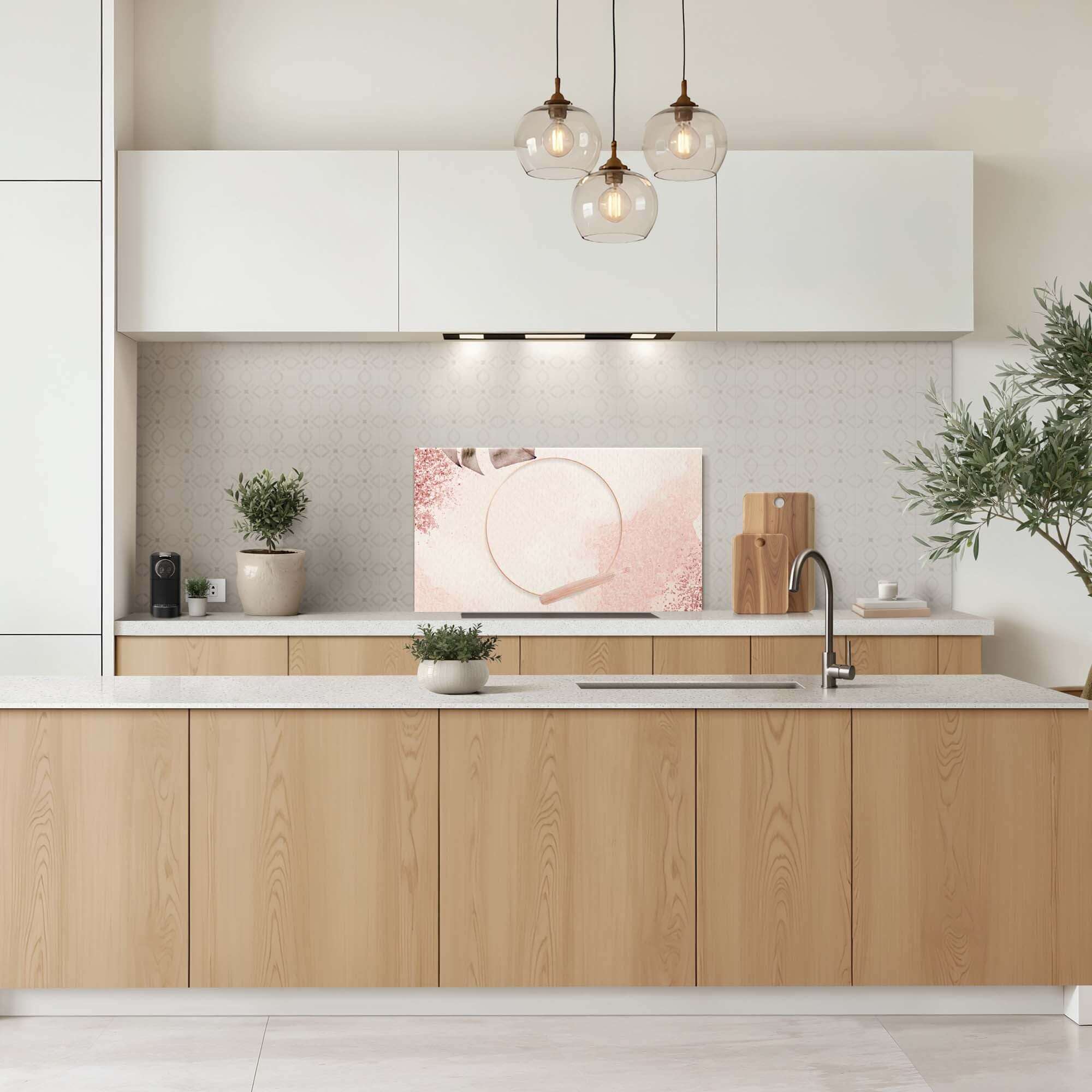 Soft Harmony Spatscherm in moderne keuken, subtiele roze tinten en elegant design. Perfect spatwand voor een rustige en stijlvolle keuken.