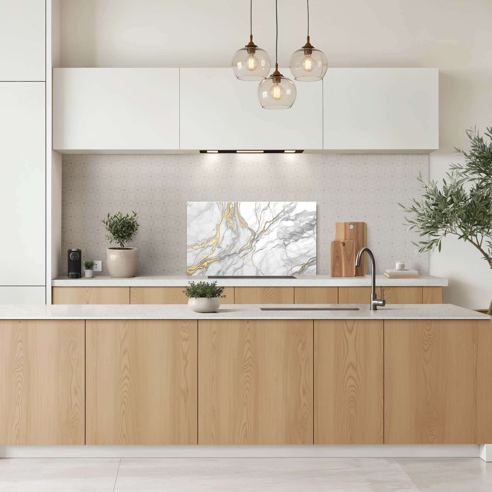 Moderne Küche mit eleganter goldener Marmorspritzwand, einer luxuriösen Spritzwand mit goldenen Akzenten, die sich perfekt als Küchenrückwand eignet.