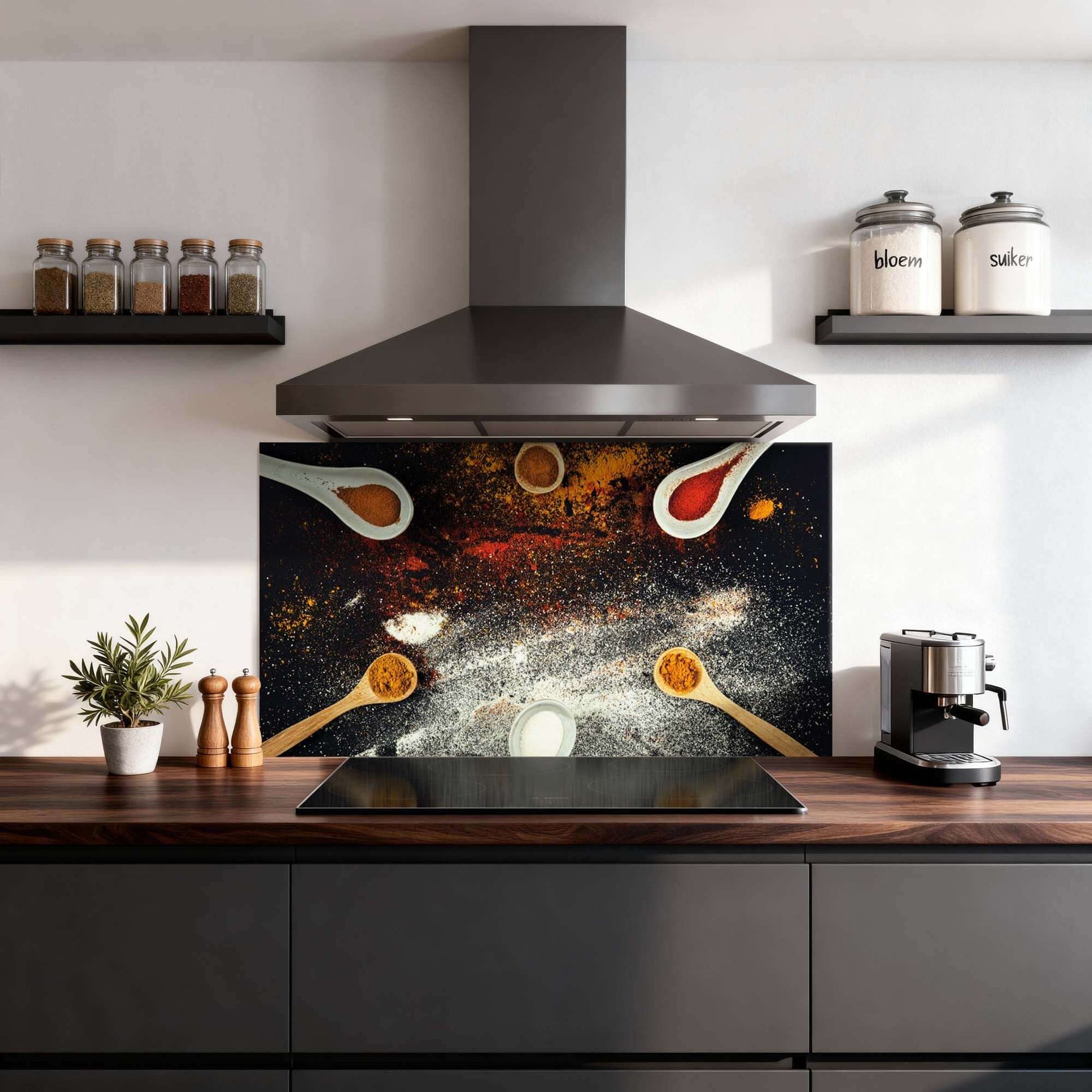 Spice Fusion Spatscherm met kruidenontwerp boven zwarte keuken, beschermt muren en creëert sfeer. Ideaal keuken spatscherm, spatwand.