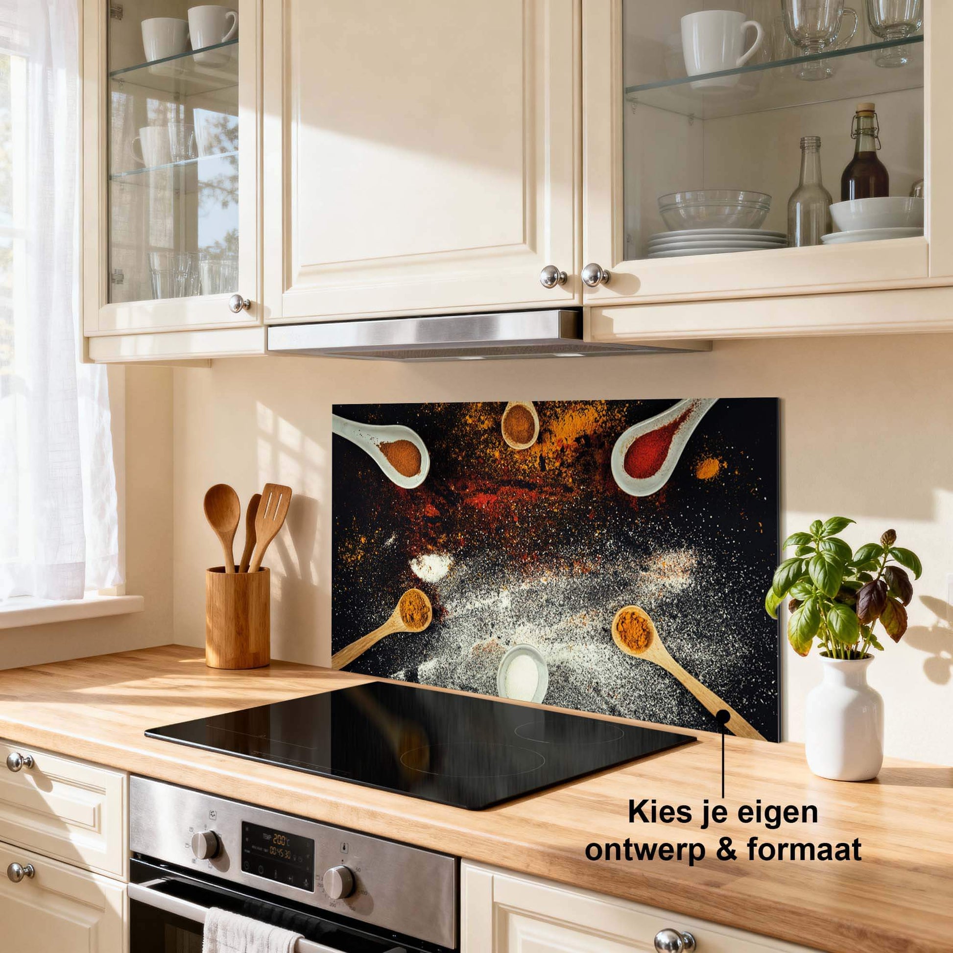 Spice Fusion Spatscherm met kleurrijk kruidenontwerp, perfect als keuken spatscherm en spatwand voor sfeervolle bescherming.