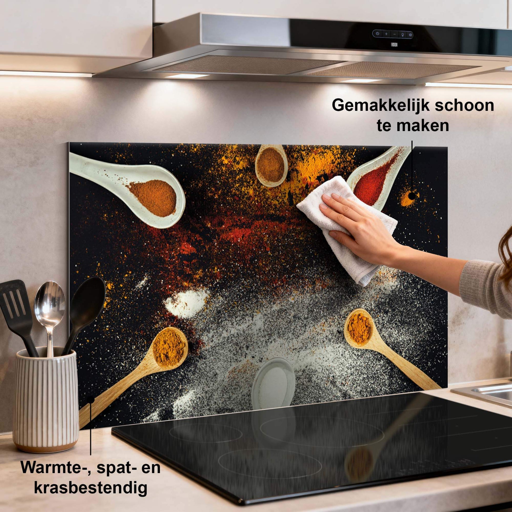Spice Fusion Spatscherm met kleurrijk kruidenontwerp in de keuken, beschermend en sfeervol als keuken spatscherm en spatwand.