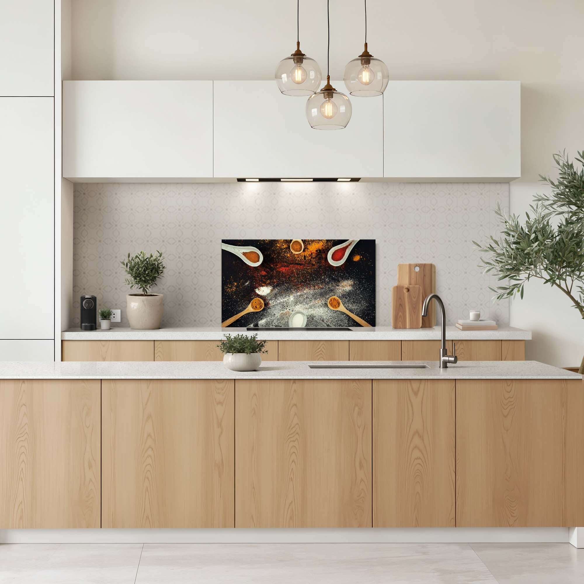 Spice Fusion Spatscherm in moderne keuken met kruiden design, perfect als keuken spatscherm of spatwand, voor bescherming en sfeer.